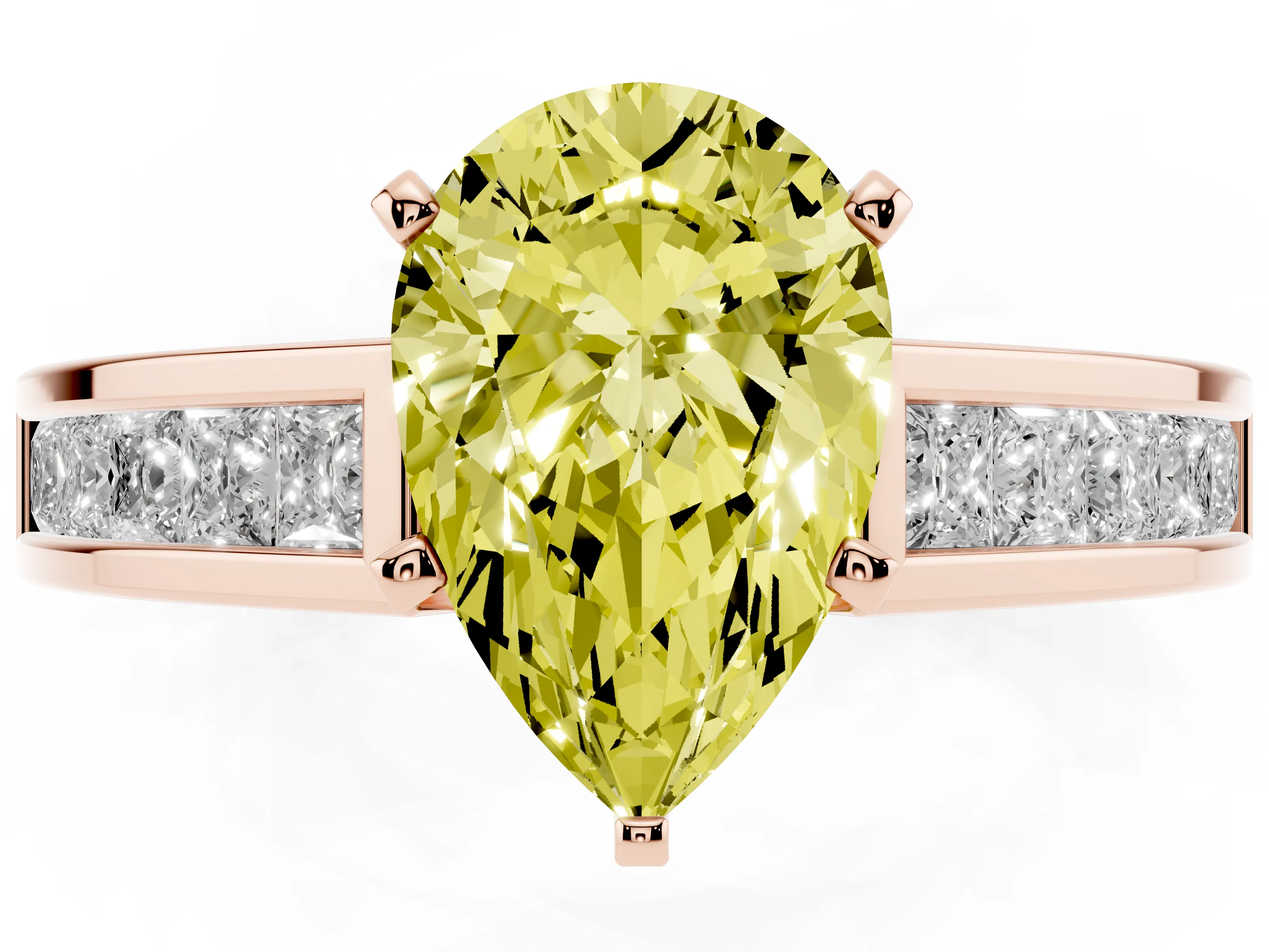 Fancy Yellow Pear Cut Diamond Solitaire Ring Set in Rose gold with Channel-Set Band and Prong Setting