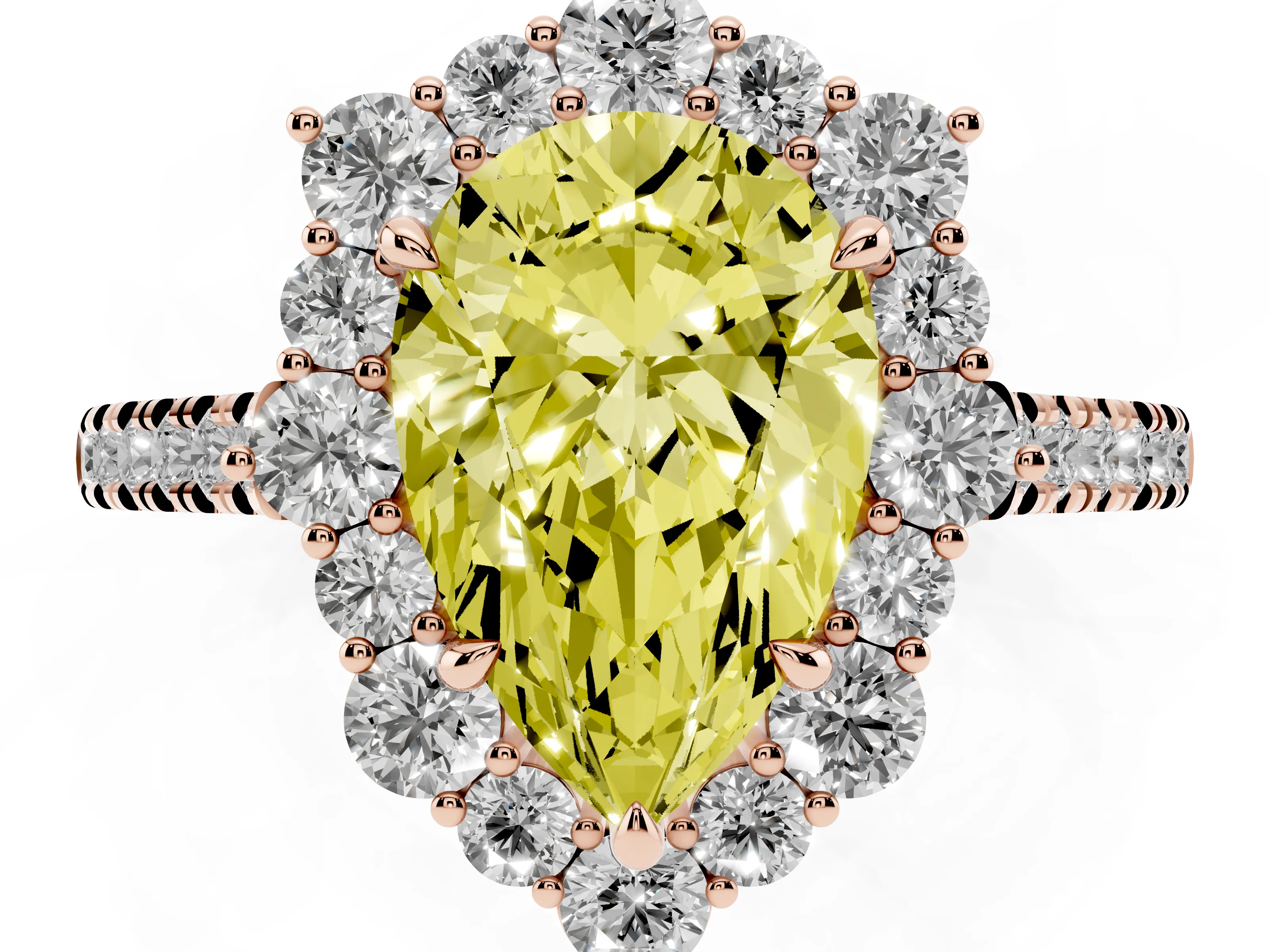 Fancy Yellow Pear Cut Diamond Halo Ring Set in Rose gold with Pavé Band and Prong Setting