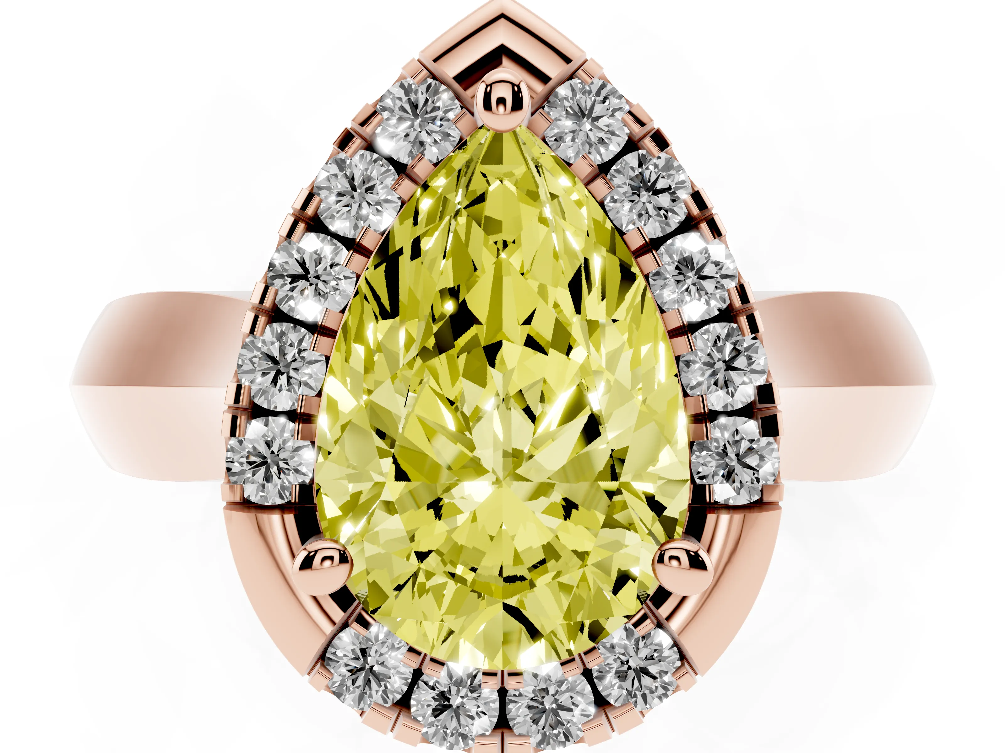 Fancy Yellow Pear Cut Diamond Halo Solitaire Engagement Ring Set in Rose gold with Square Band and Prong Setting