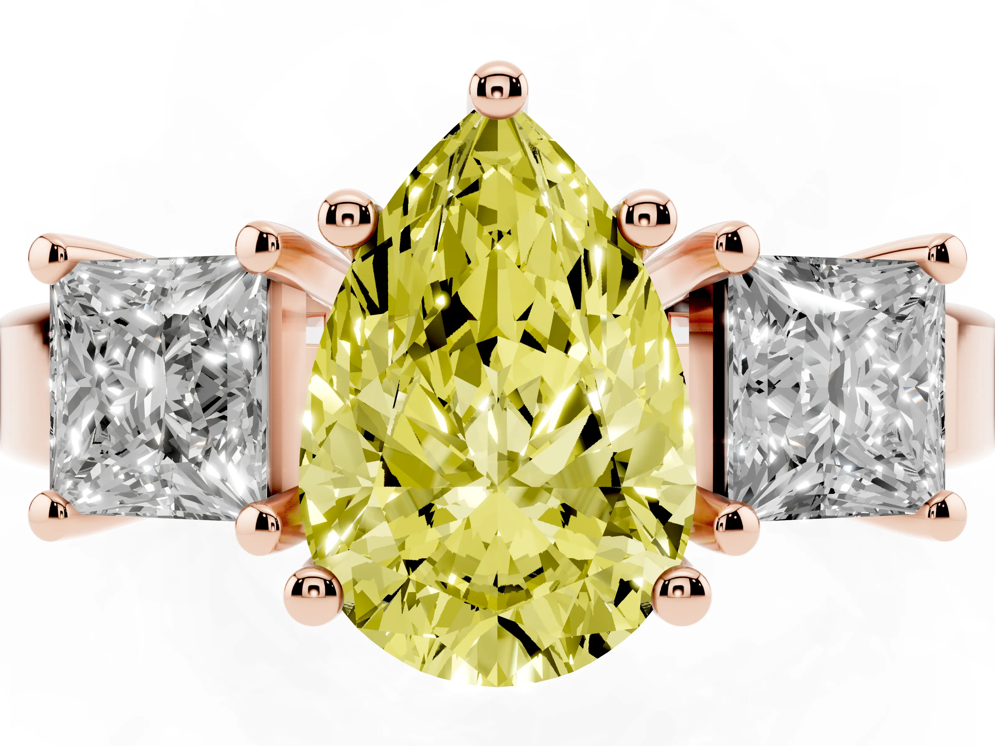 Fancy Yellow Three-Stone Pear Cut Diamond Solitaire Ring Set in Rose gold with Prong Setting