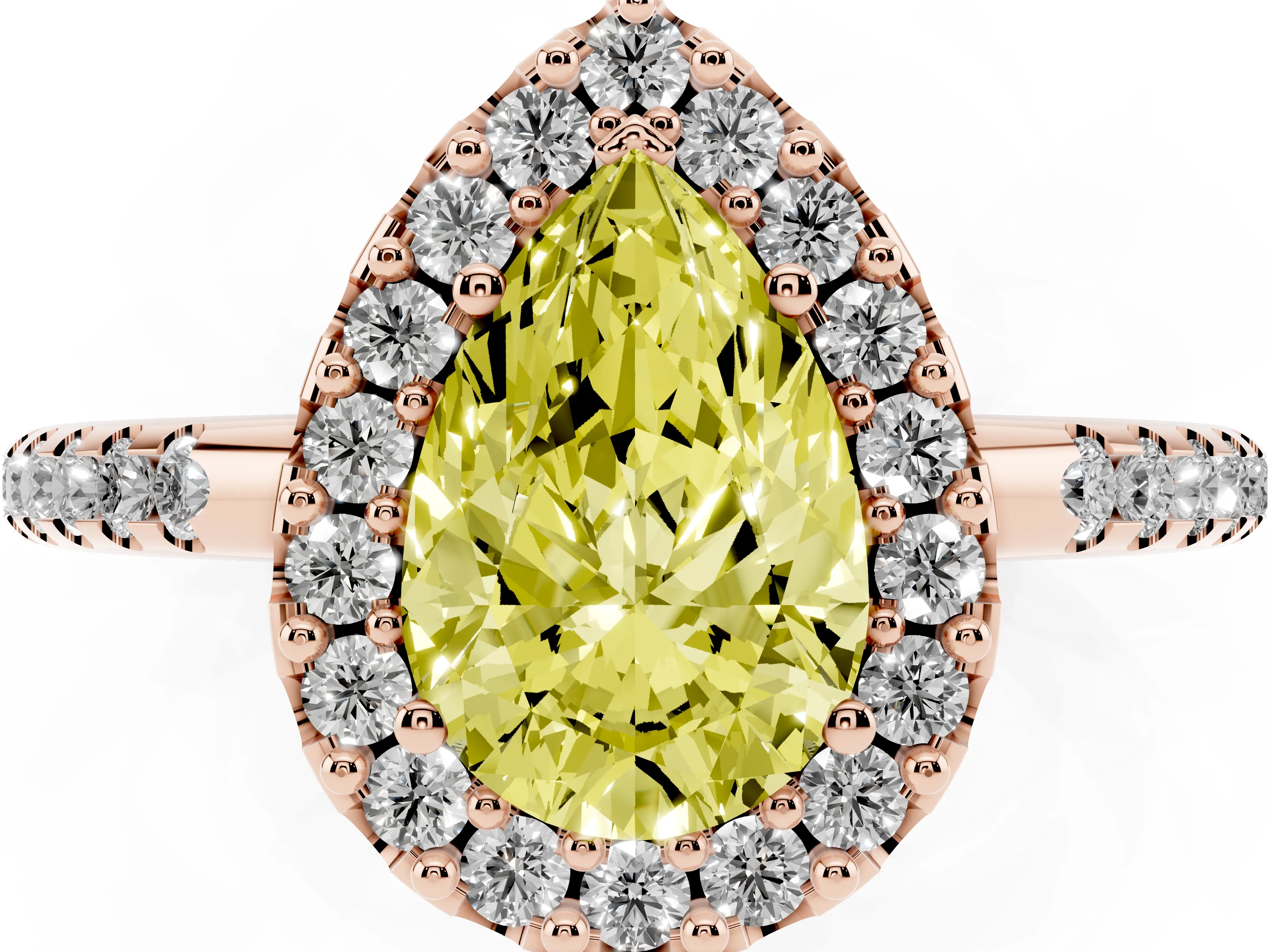 Fancy Yellow Pear Cut Diamond Pavé Halo Ring Set in Rose gold with Prong Setting