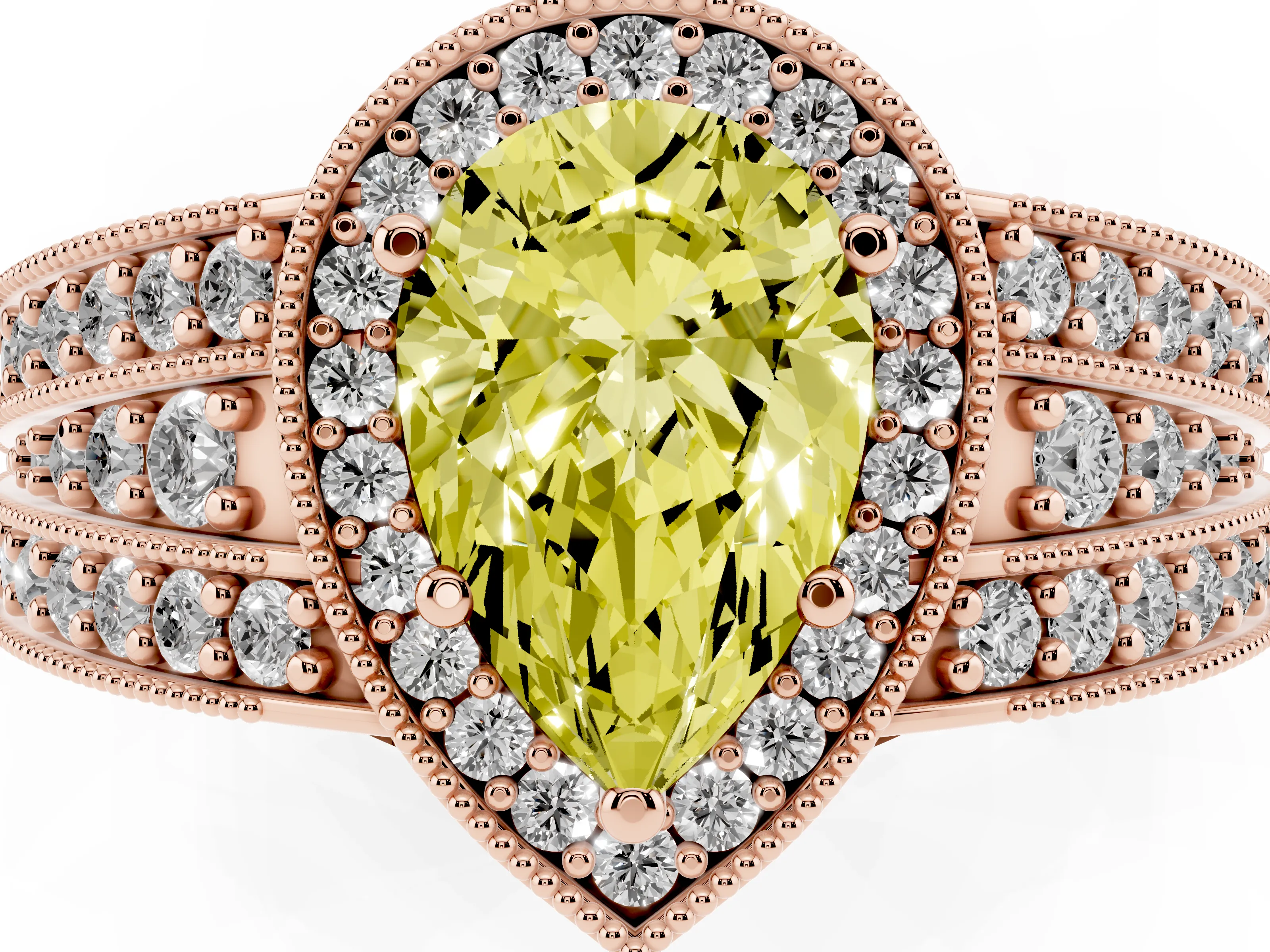 Fancy Yellow Pear Cut Diamond Halo Ring Set in Rose gold with Accent Split Shank and Prong Setting