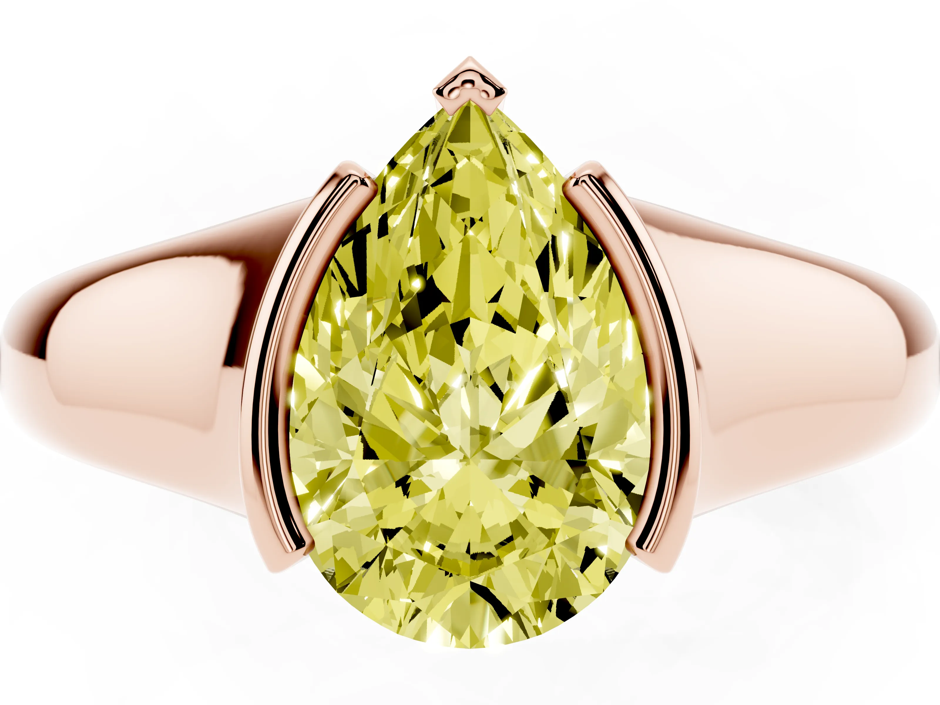 Fancy Yellow Pear Cut Diamond Solitaire Tension Set Ring Set in Rose gold with Split Shank Band