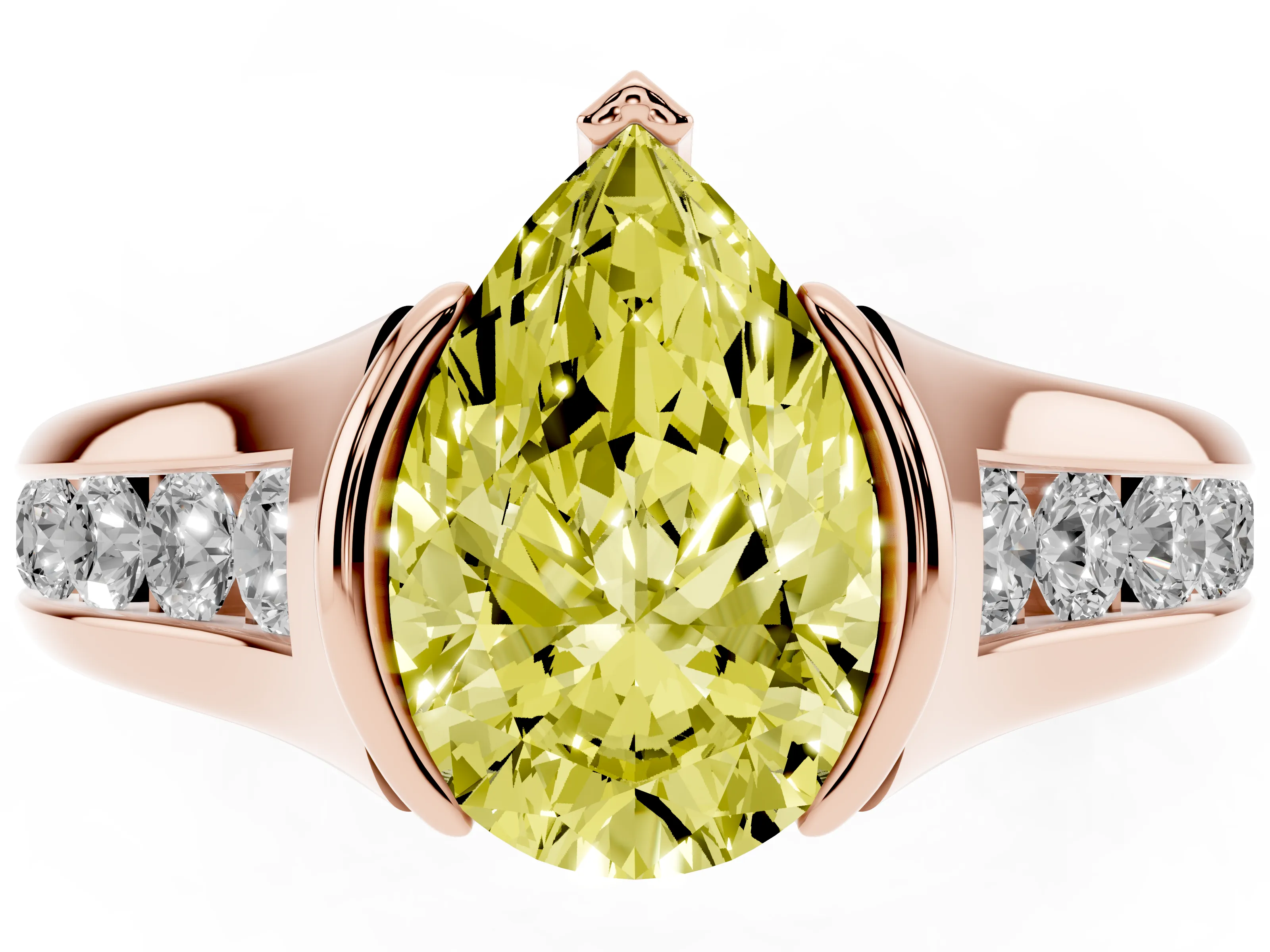 Fancy Yellow Pear Cut Diamond Bezel-Set Solitaire Ring Set in Rose gold with Channel-Set Band