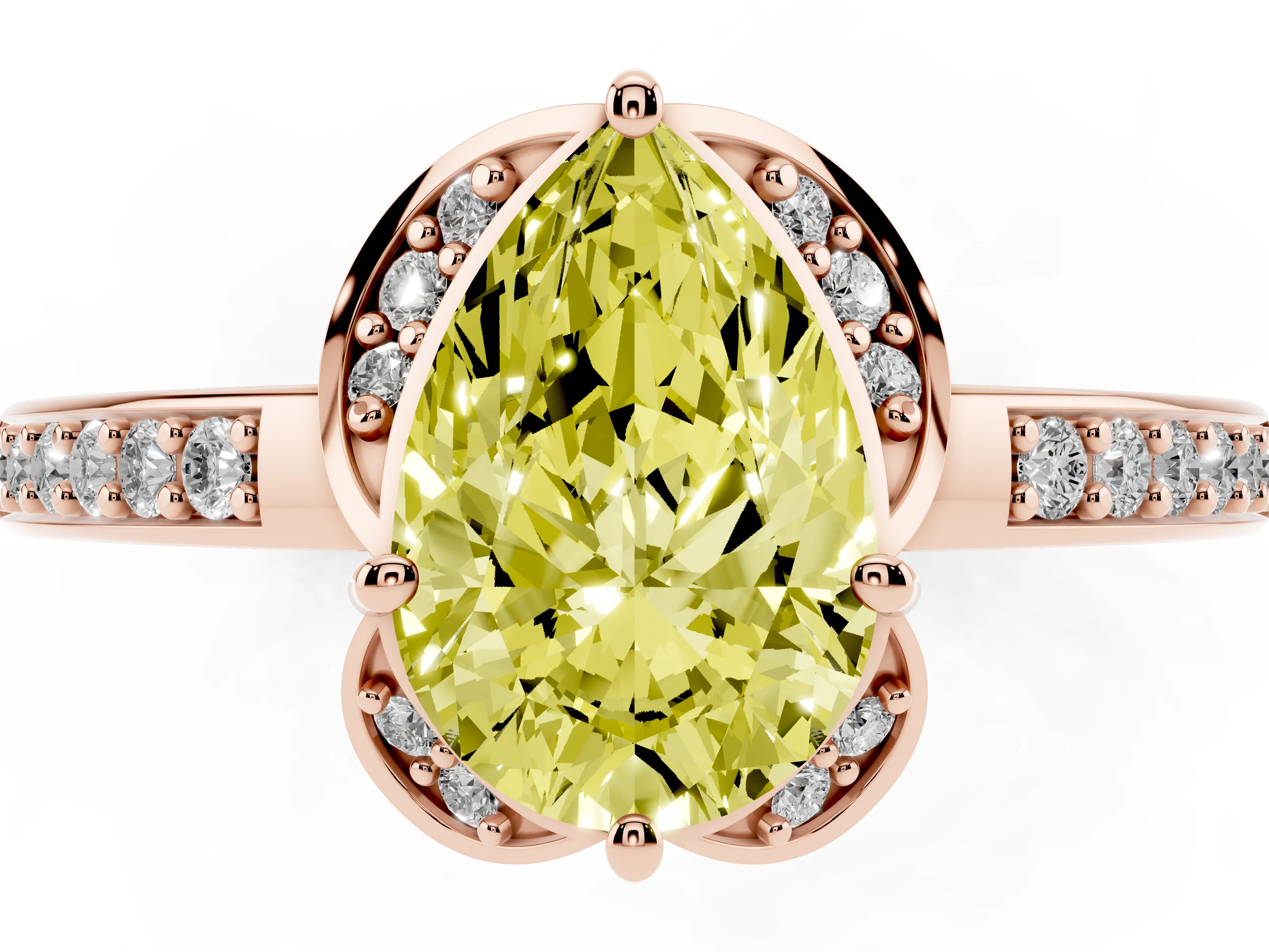 Fancy Yellow Pear Cut Diamond Halo Ring Set in Rose gold with Channel Set Band and Prong Setting