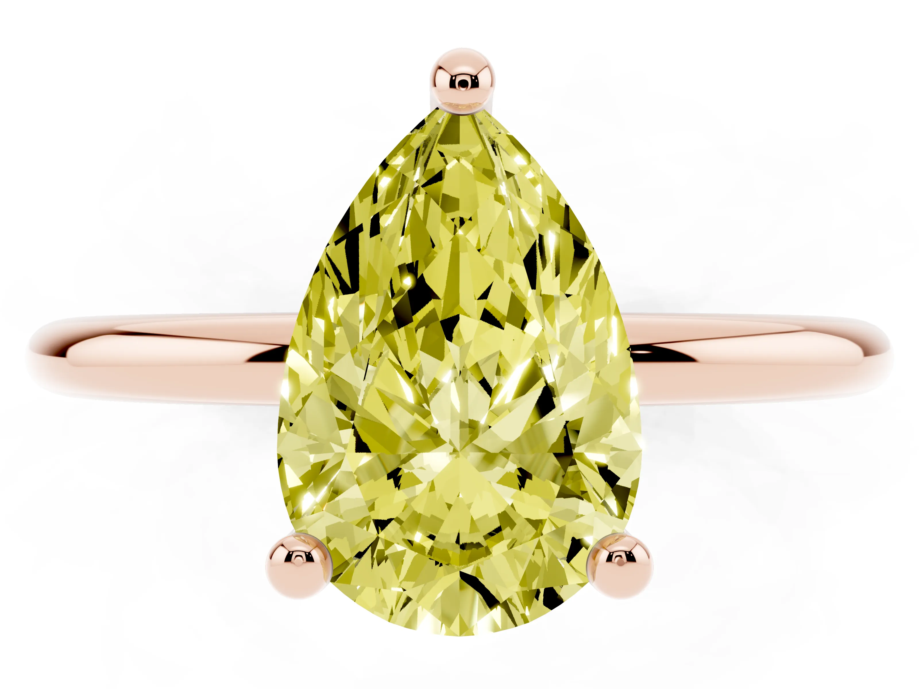 Fancy Yellow Pear Cut Diamond Solitaire Ring Set in Rose gold with Secure Prong Setting on a Classic Band