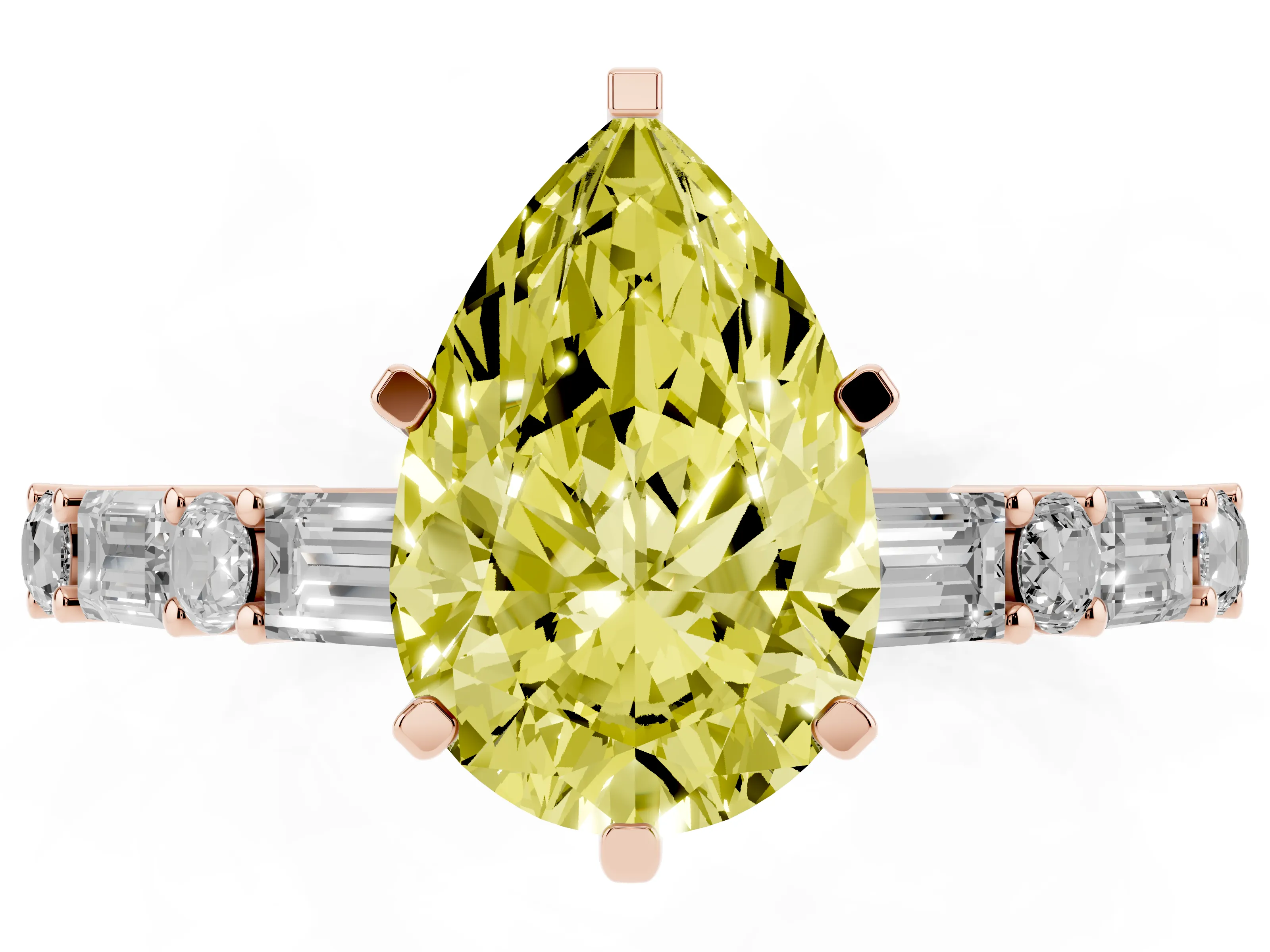 Fancy Yellow Pear Cut Diamond Solitaire Set in Rose gold with Side Baguettes and Channel Set Band