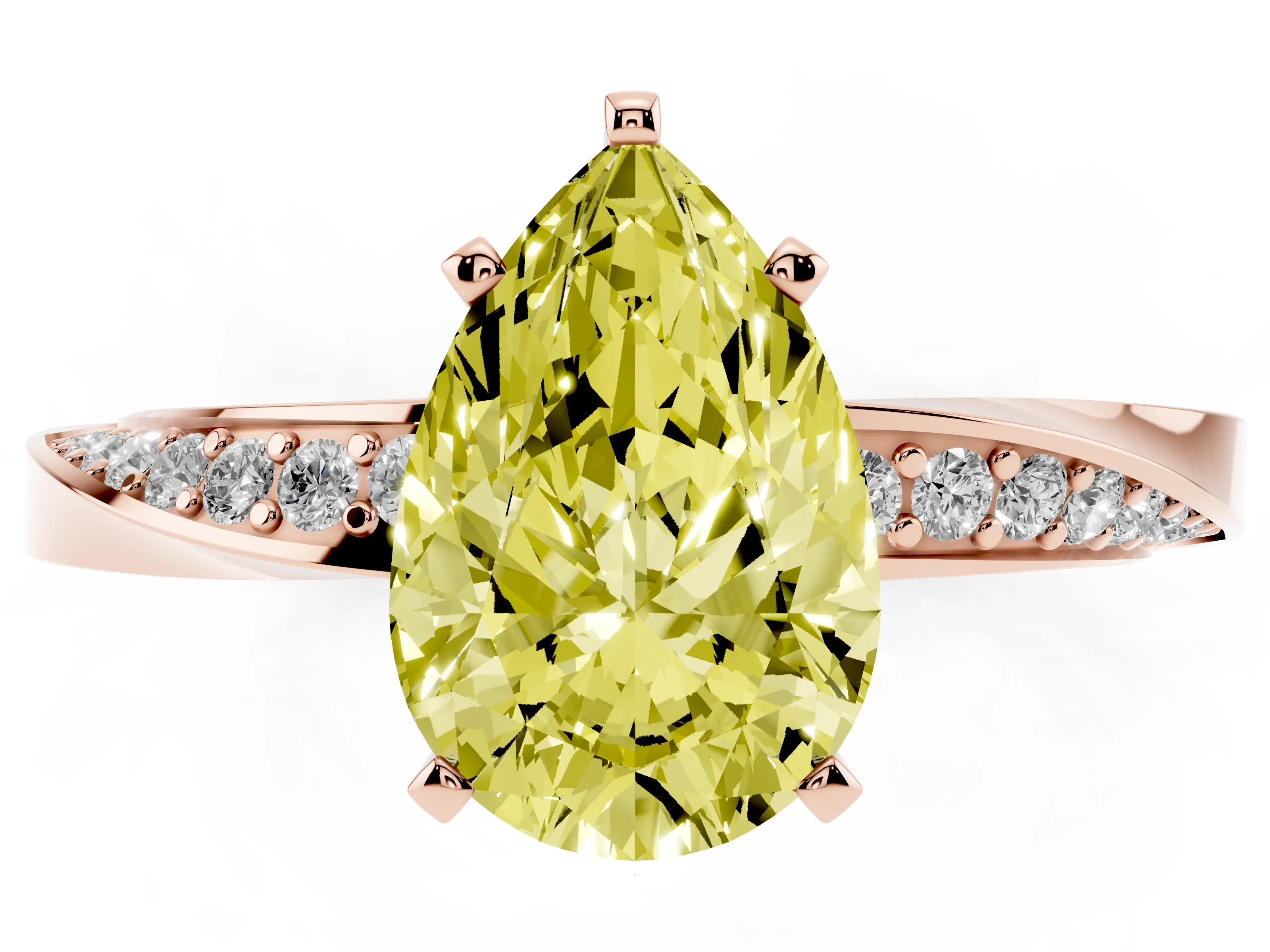 Fancy Yellow Pear Cut Diamond Engagement Ring Set in Rose gold with Side Stone Accents and Prong Setting