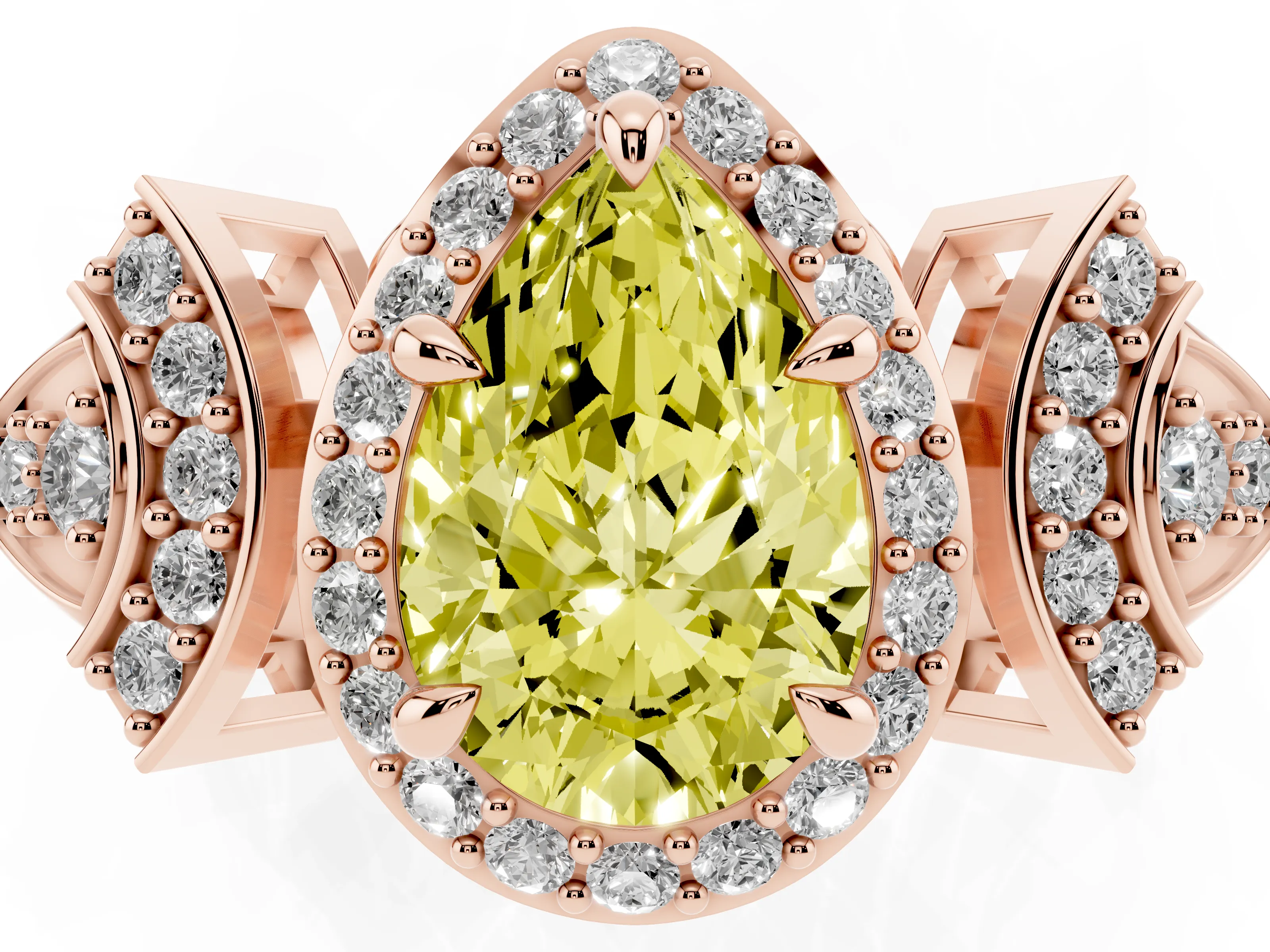 Fancy Yellow Pear Cut Diamond Halo Engagement Ring Set in Rose gold with Accent Stone Split Shank