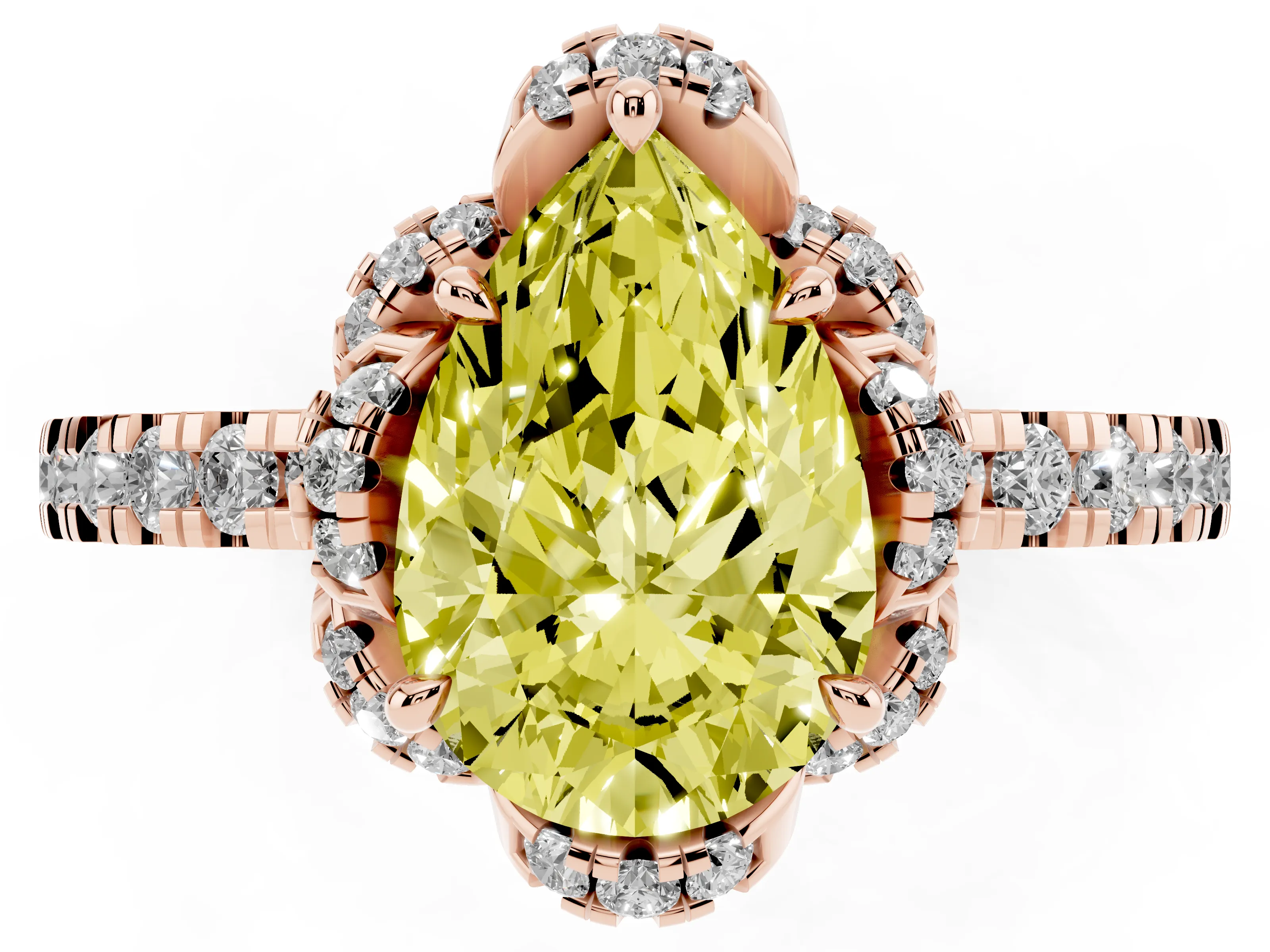 Fancy Yellow Pear Cut Diamond Halo Pavé Band Ring Set in Rose gold with Prong-Held Center
