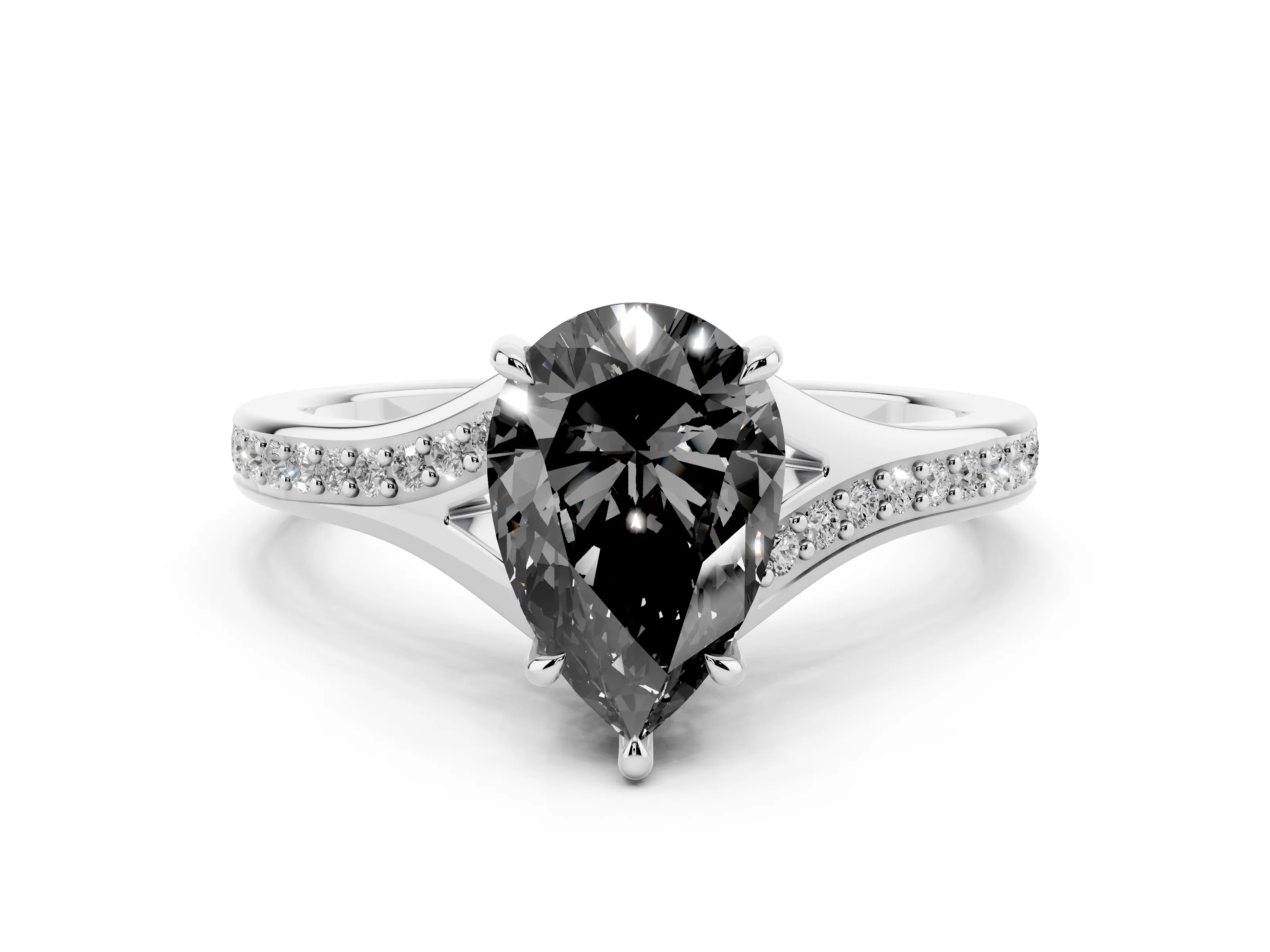 Fancy Black Pear Cut Diamond Solitaire Ring Set in Silver with Pavé Accent Band and Classic Prong Setting