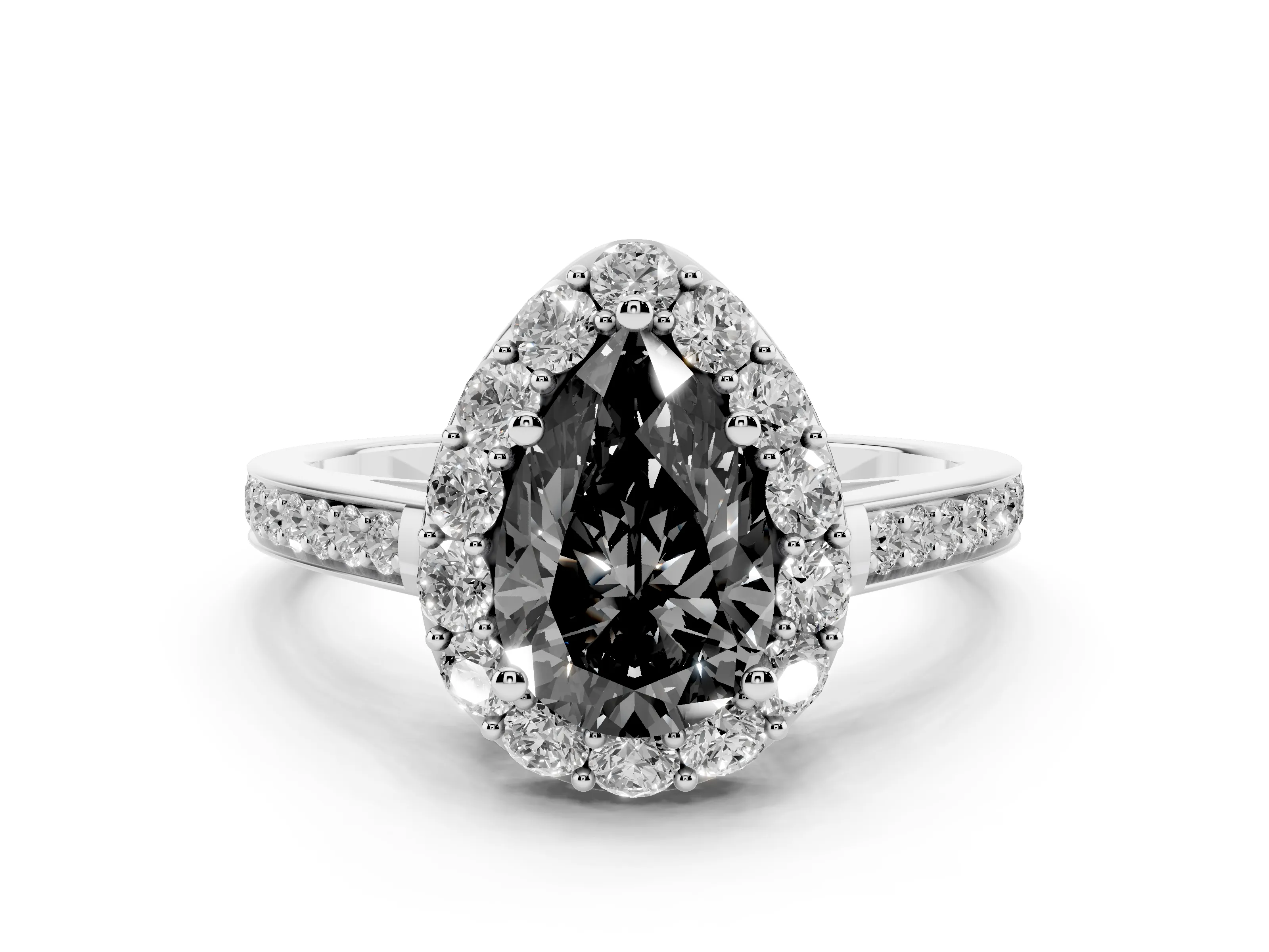 Fancy Black Pear Cut Diamond Floral Halo Ring Set in White gold with Pavé Band and Prong Setting