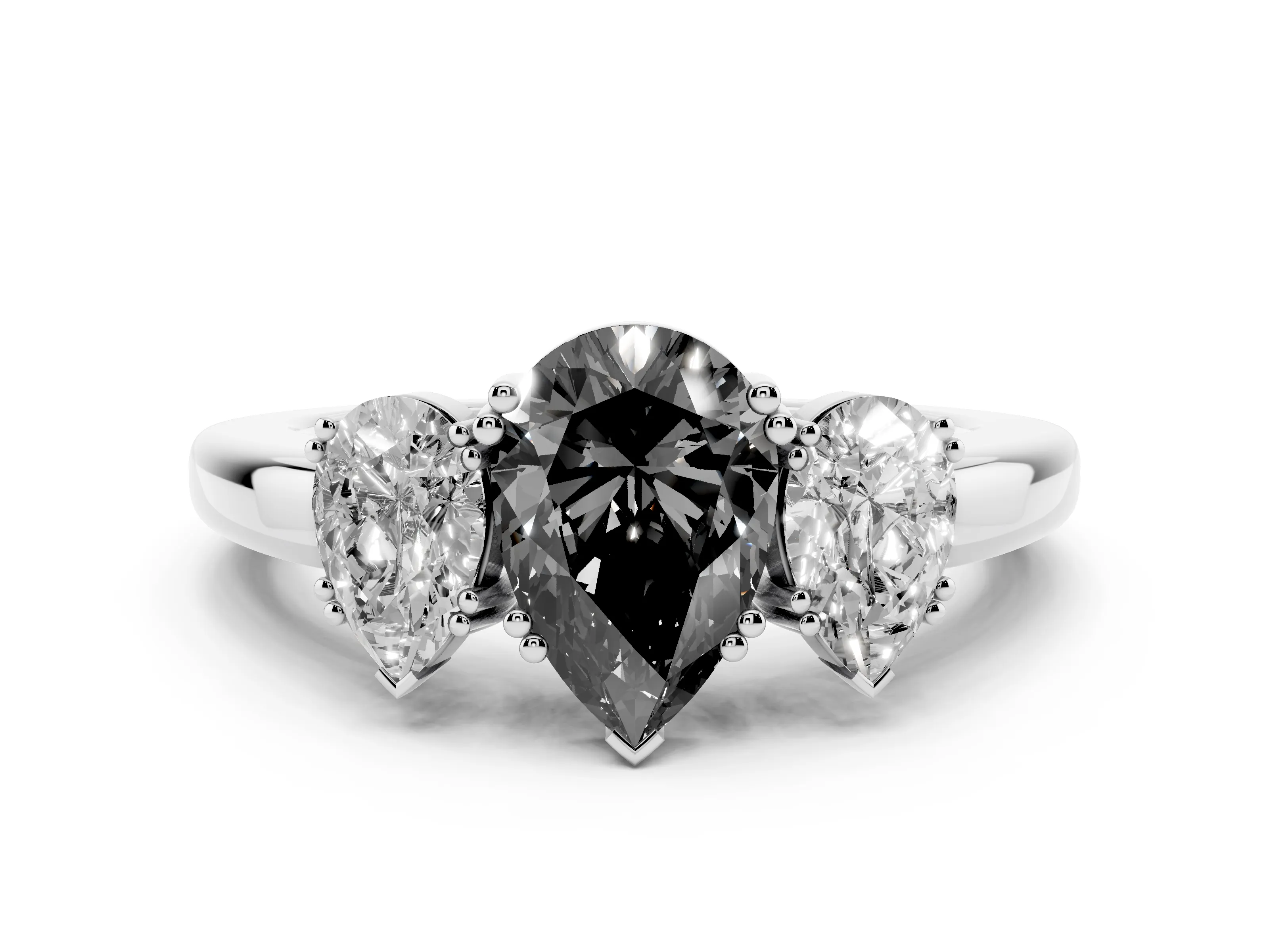 Fancy Black Pear Cut Diamond Three-Stone Ring Set in White gold with Polished Channel-Set Band