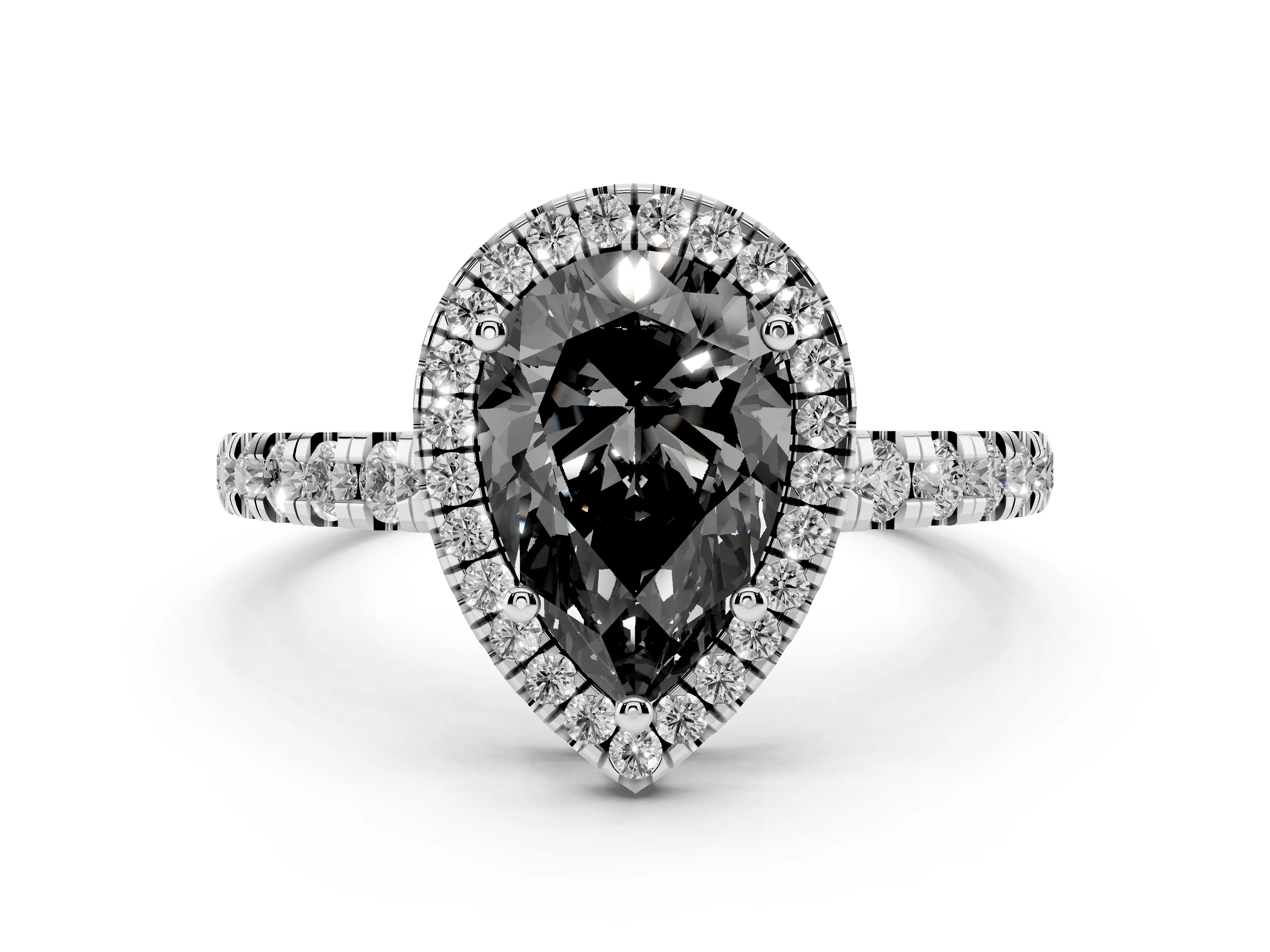 Fancy Black Pear Cut Diamond Halo Ring Set in Silver with Delicate Pavé Band and Prong Setting
