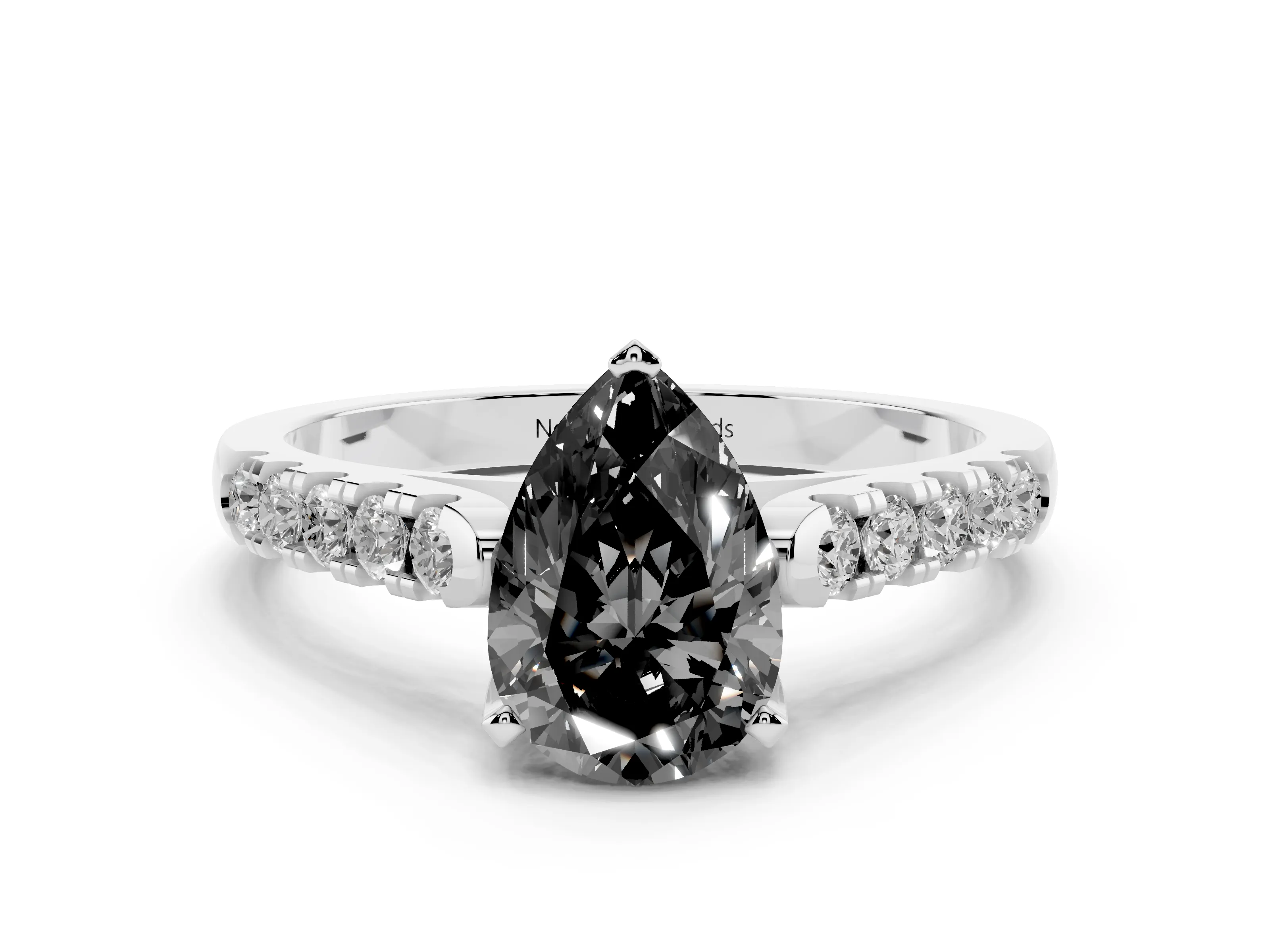 Fancy Black Pear Cut Diamond Pavé Band Solitaire Ring Set in White gold with Partway Accent Stones and Prong Setting