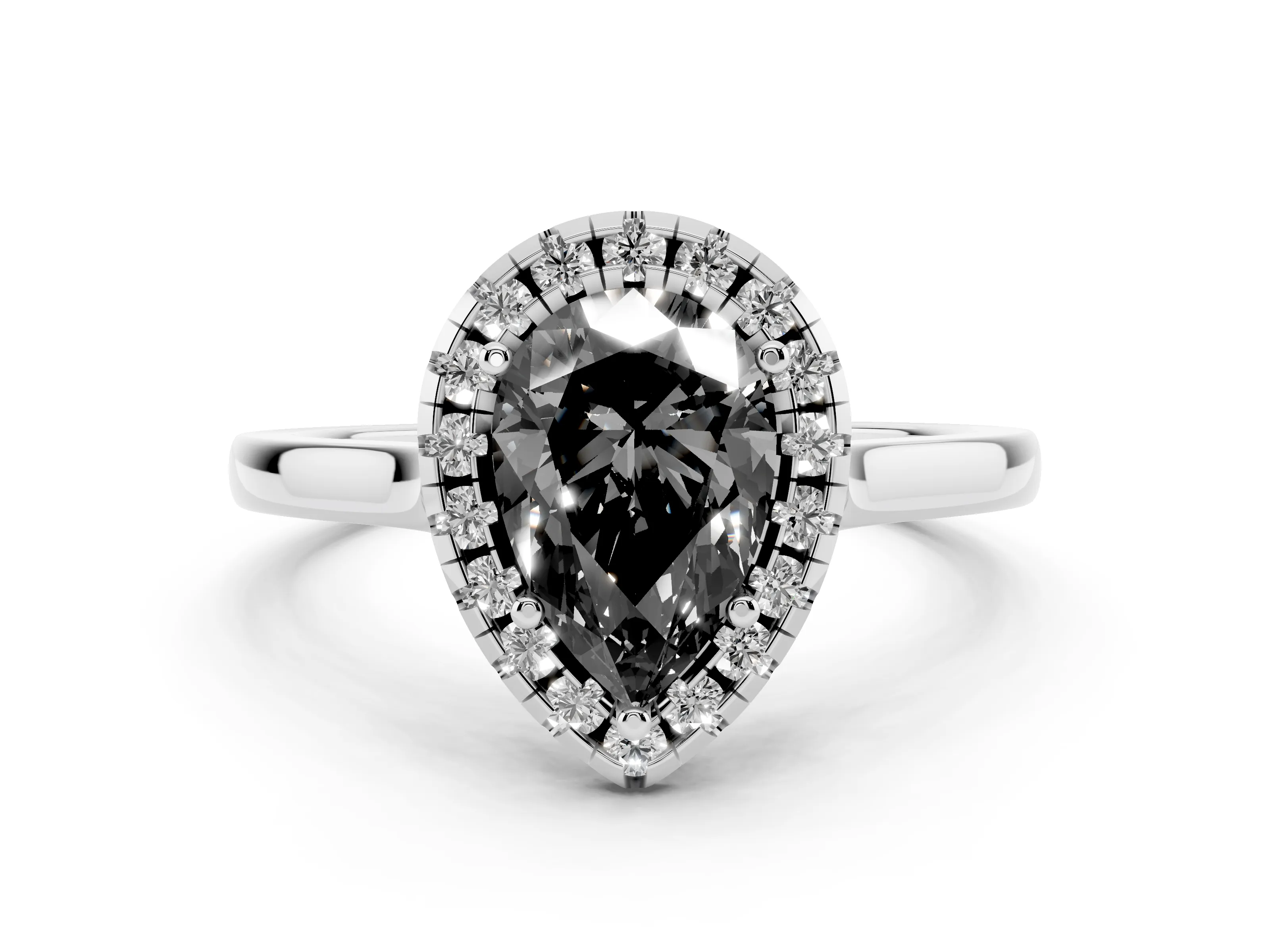 Fancy Black Pear Cut Halo Round Diamond Solitaire Ring Set in Platinum with Pavé Band and Prong Setting