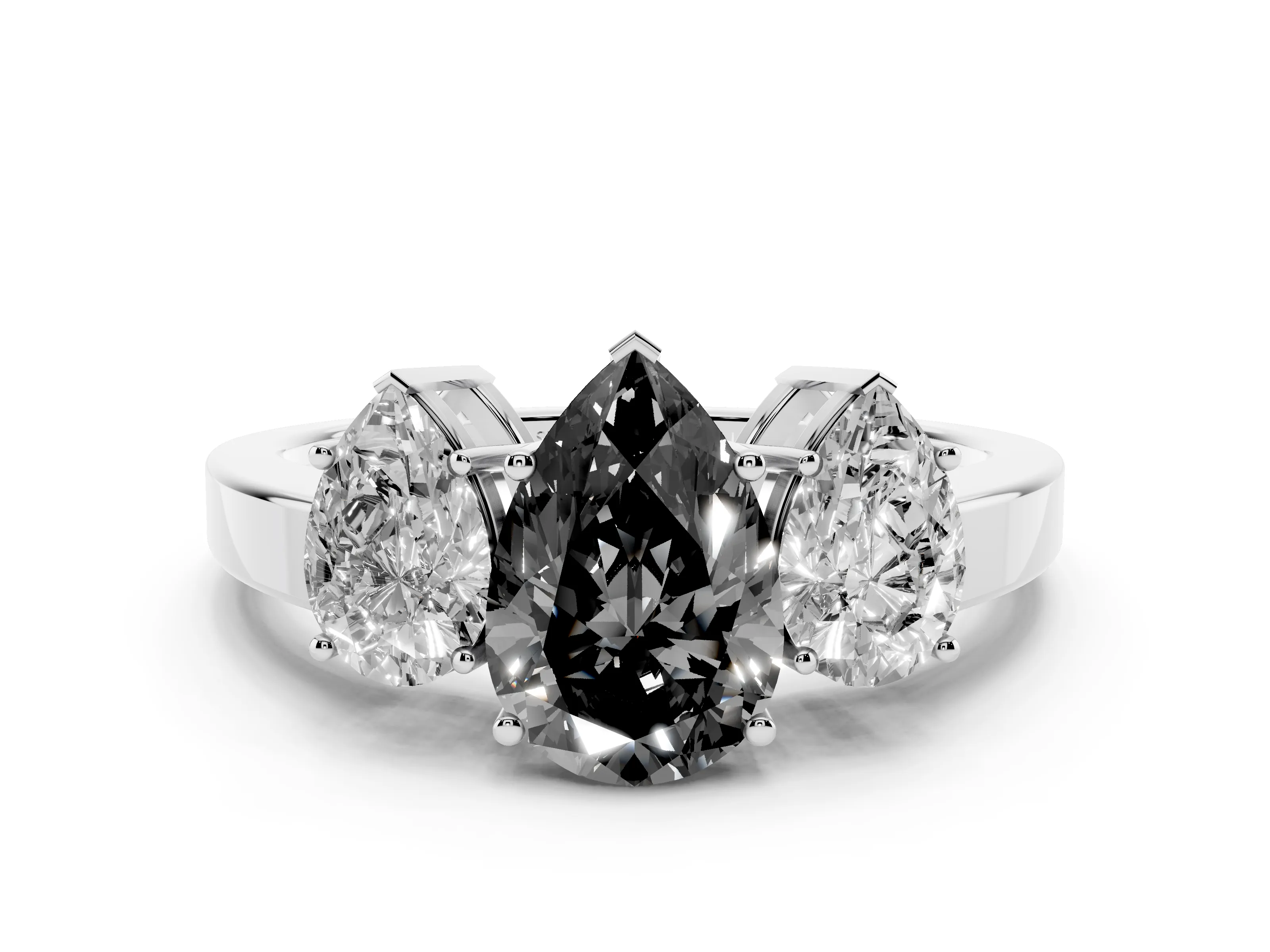 Fancy Black Pear Cut Diamond Three-Stone Engagement Ring Set in Platinum with Flat Band