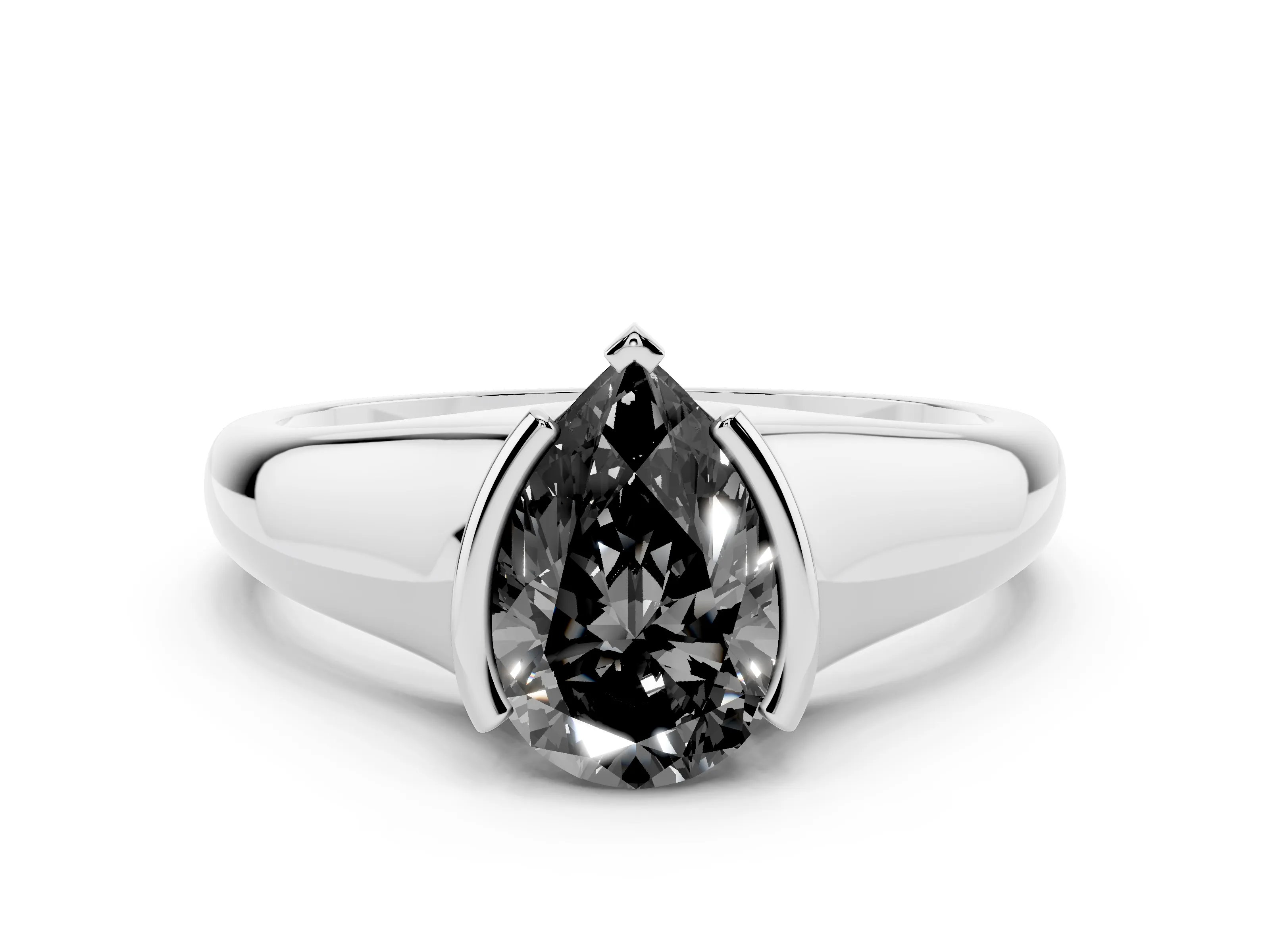 Fancy Black Pear Cut Diamond Solitaire Tension Set Ring Set in White gold with Split Shank Band