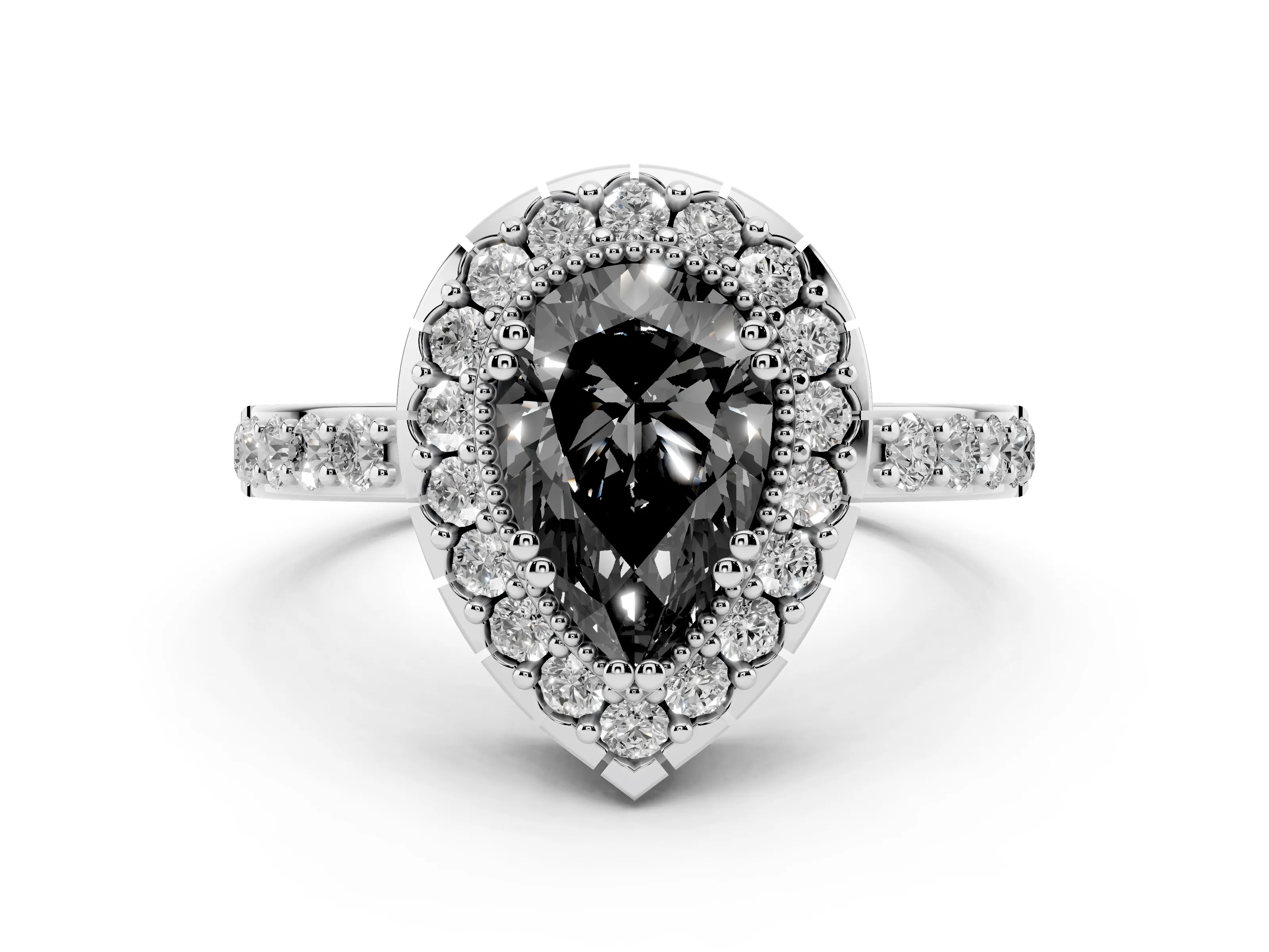 Fancy Black Pear Cut Diamond Halo Ring Set in White gold with Pavé Shank and Prong Setting