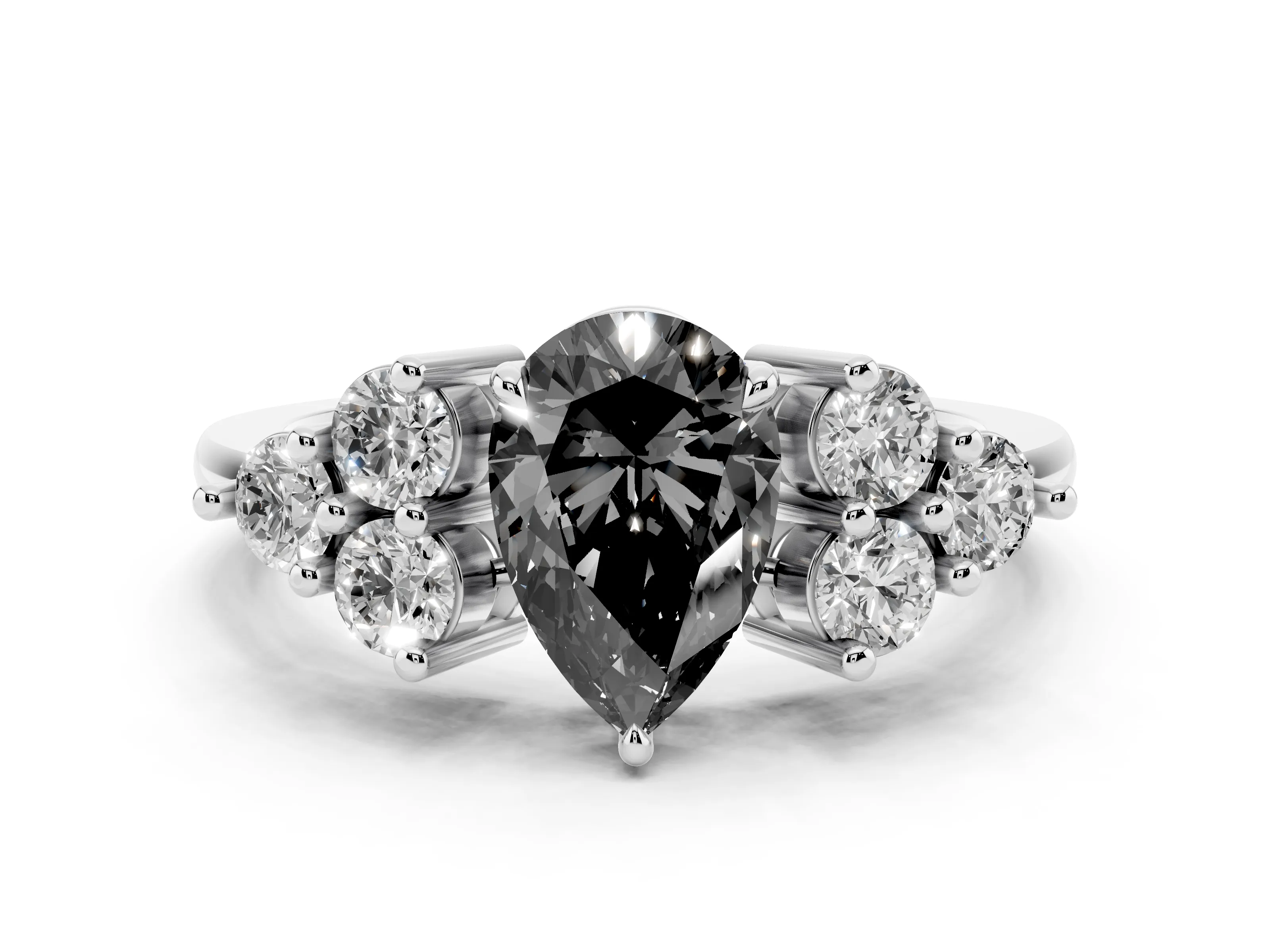 Fancy Black Pear Cut Diamond Solitaire Ring Set in Silver with Cluster Accents on Each Side