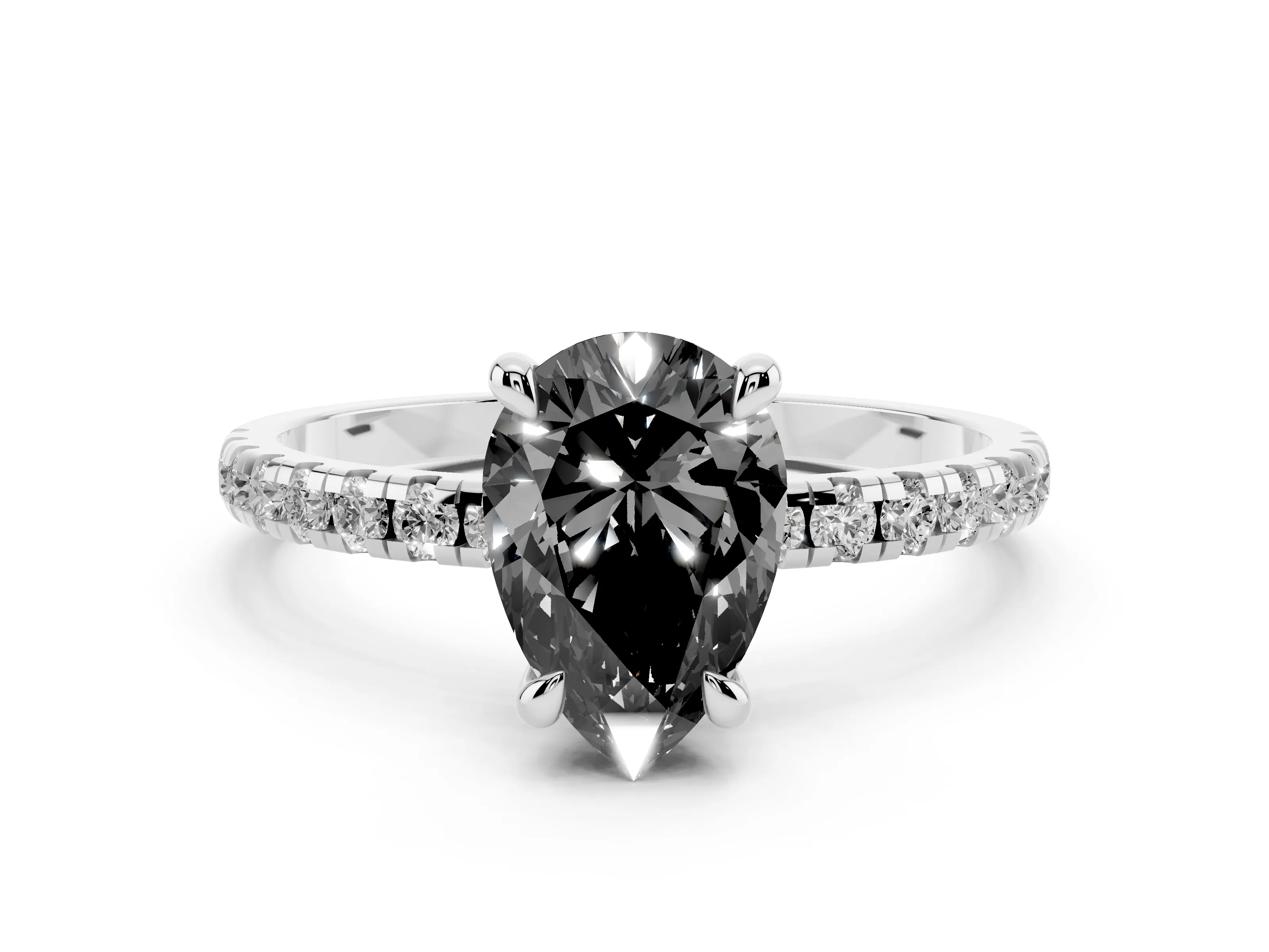 Fancy Black Pear Cut Diamond Brilliant Solitaire Ring Set in White gold with Pavé Band and Prong Setting