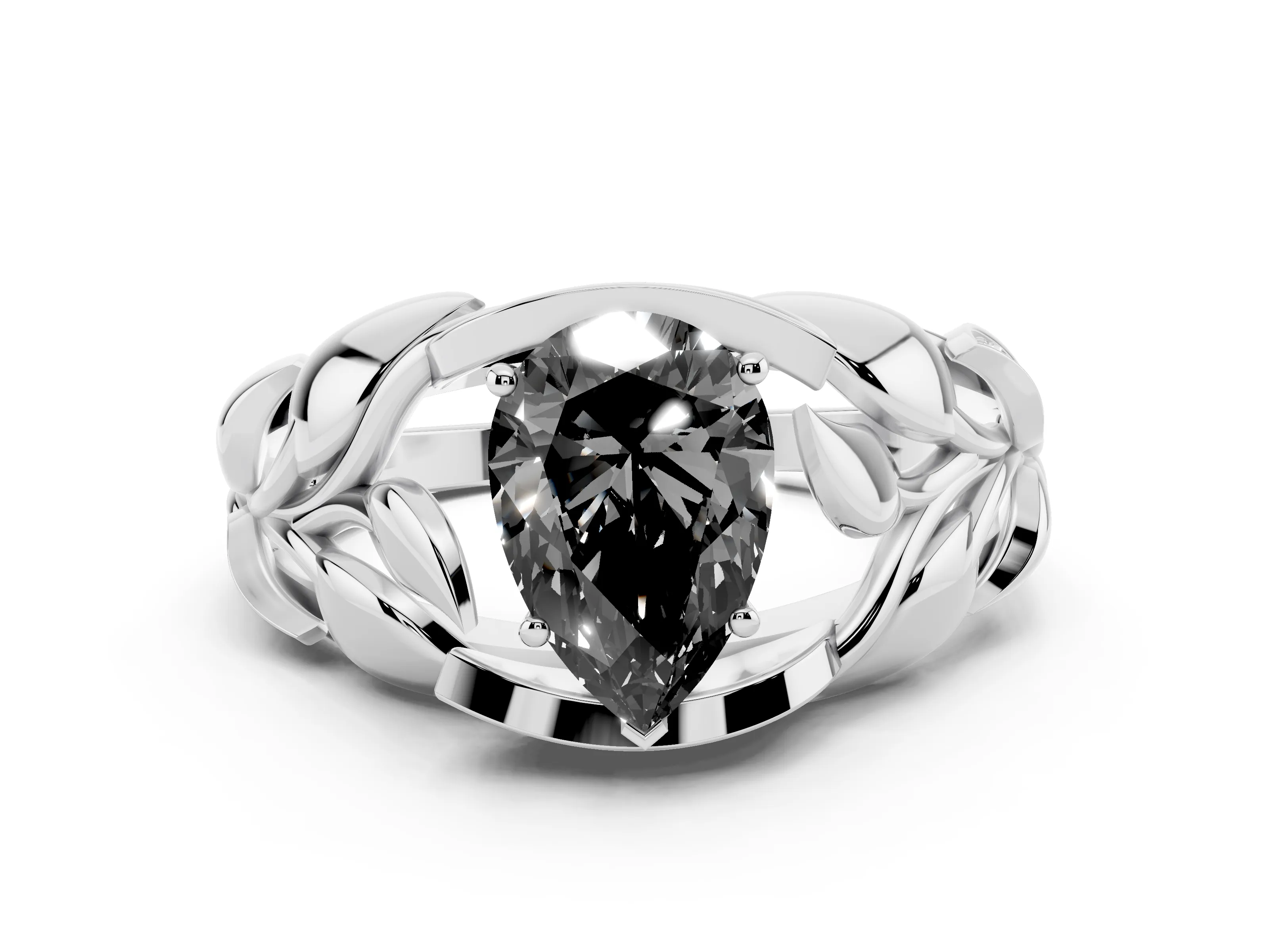 Fancy Black Pear Cut Diamond Leaf-Inspired Engagement Ring Set in Platinum with Round Accents
