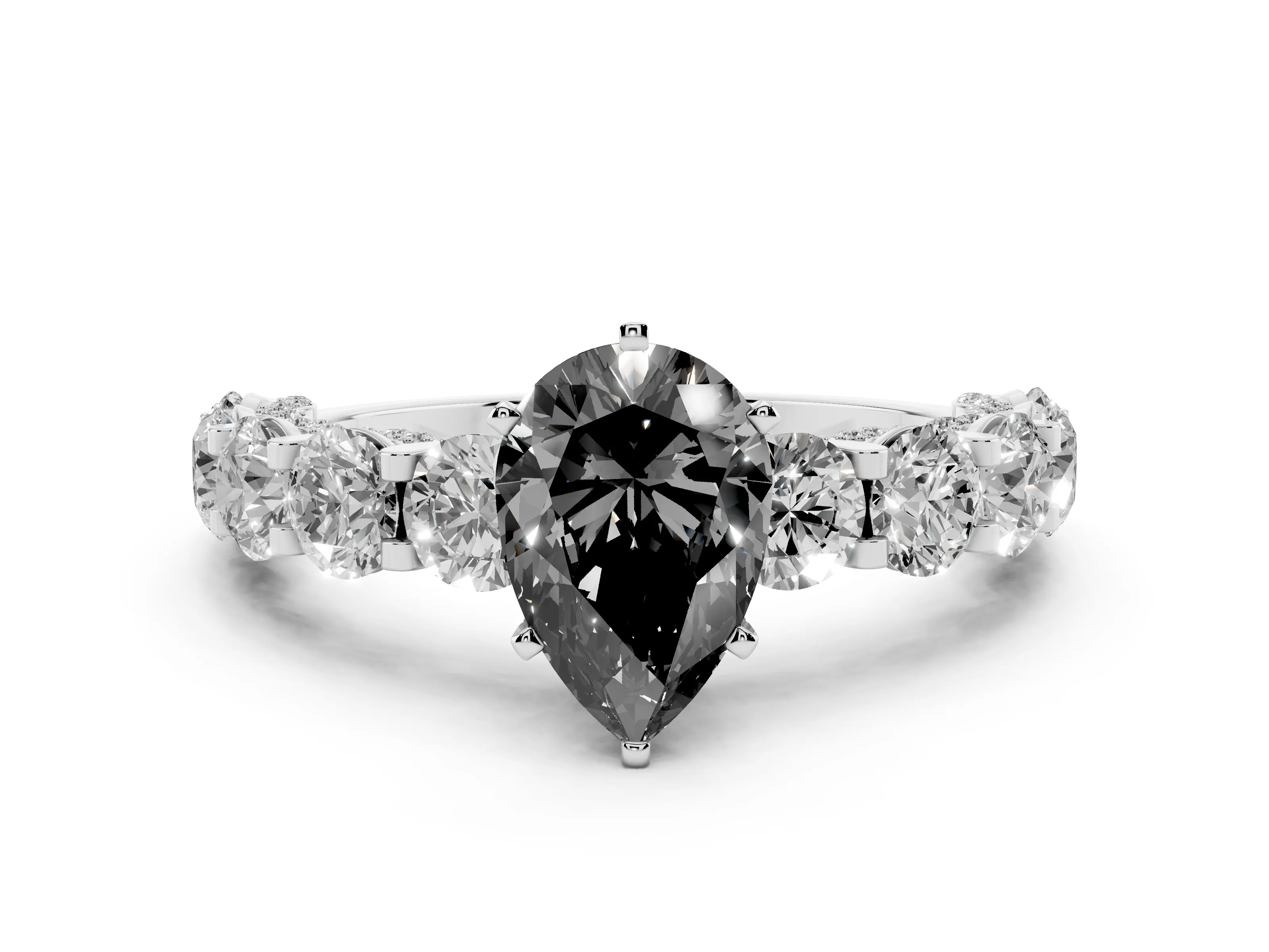 Fancy Black Pear Cut Diamond Side Stone Ring Set in Silver with Alternating Round and Oval Side Stones