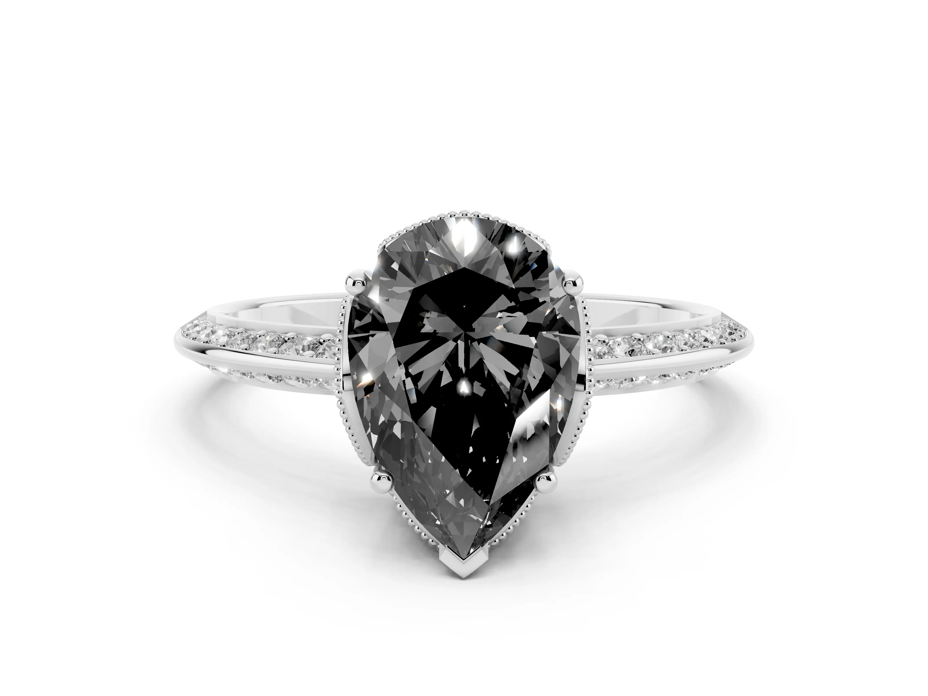 Fancy Black Pear Cut Diamond Solitaire Engagement Ring Set in Silver with Pavé Split Shank and Prong Setting