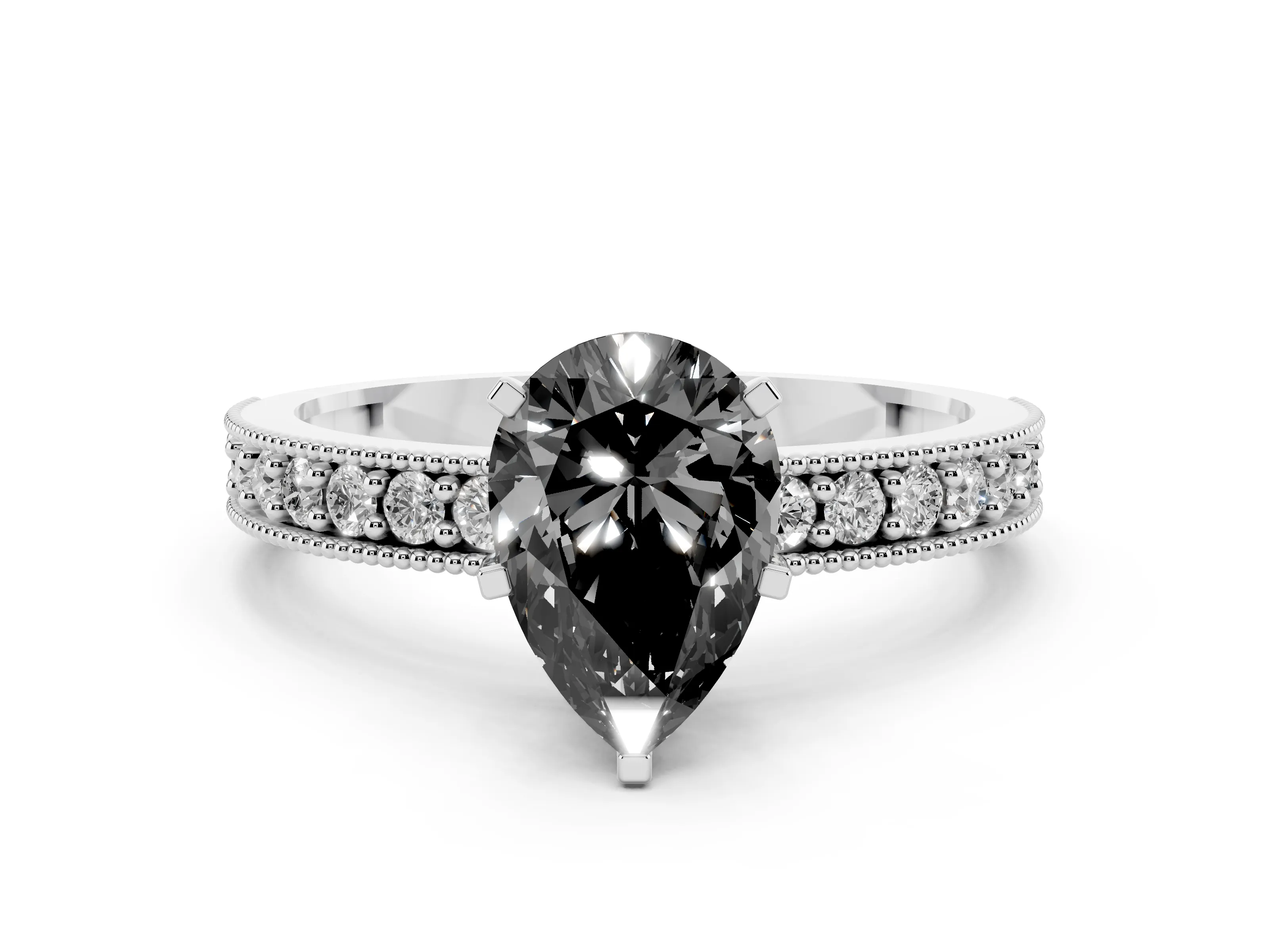Fancy Black Pear Cut Diamond Milgrain Pavé Engagement Ring Set in White gold with Prong Setting