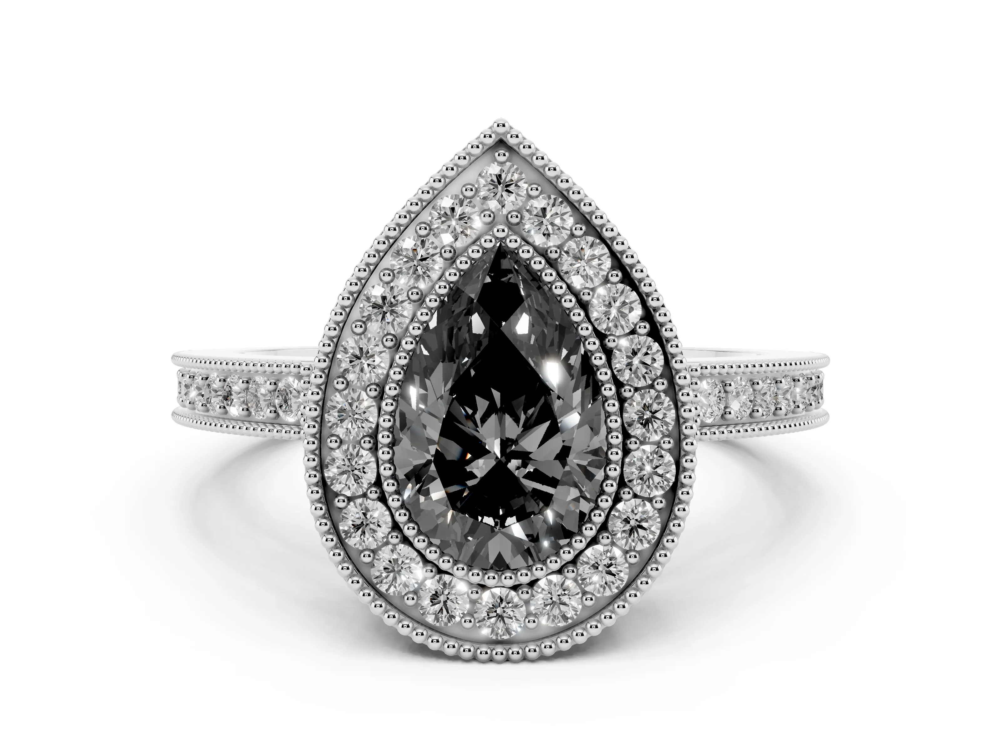 Fancy Black Pear Cut Diamond Round Halo Ring Set in White gold with Pavé Band