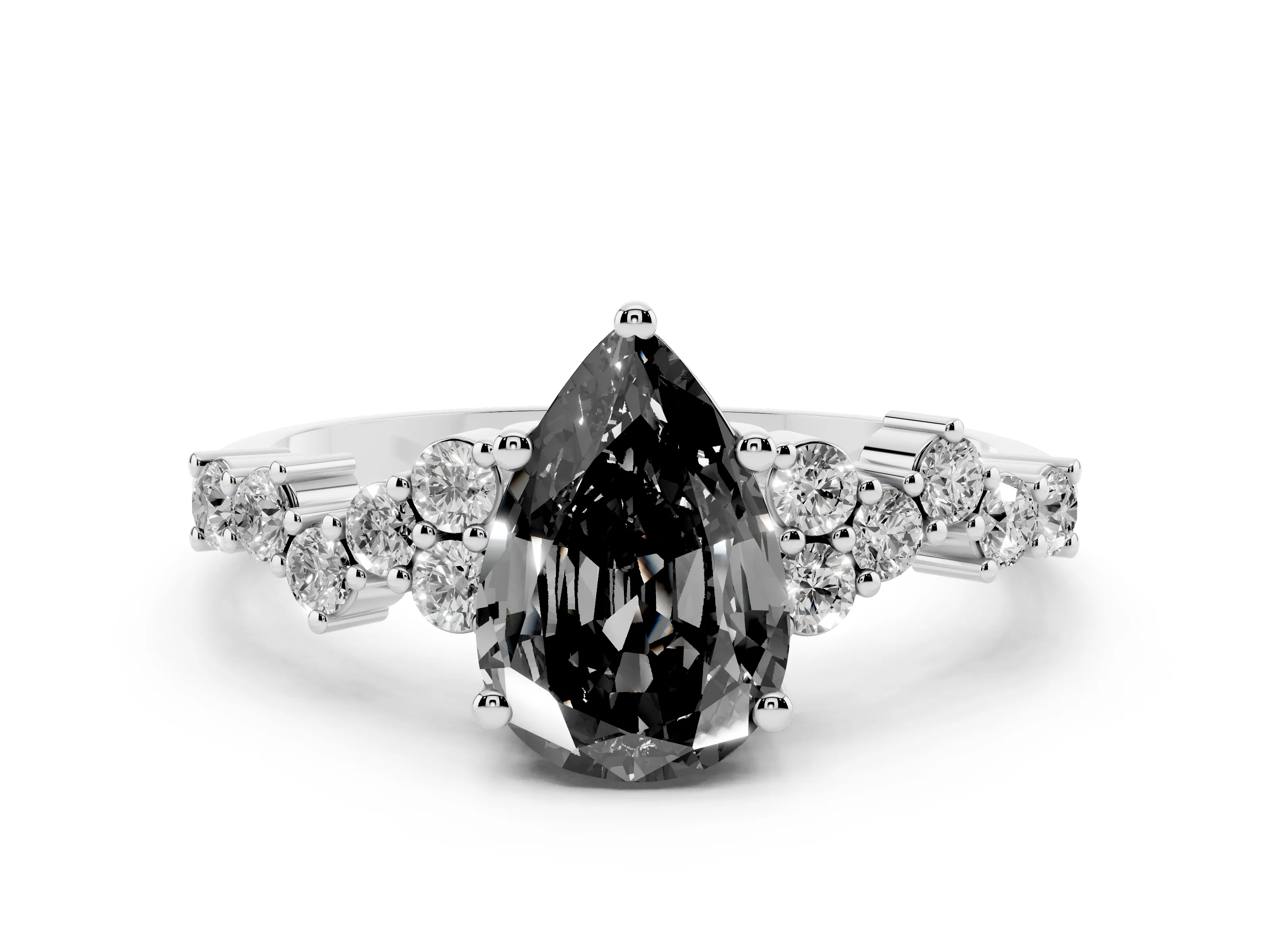 Fancy Black Pear Cut Diamond Ring Set in Platinum with Scattered Round Accents