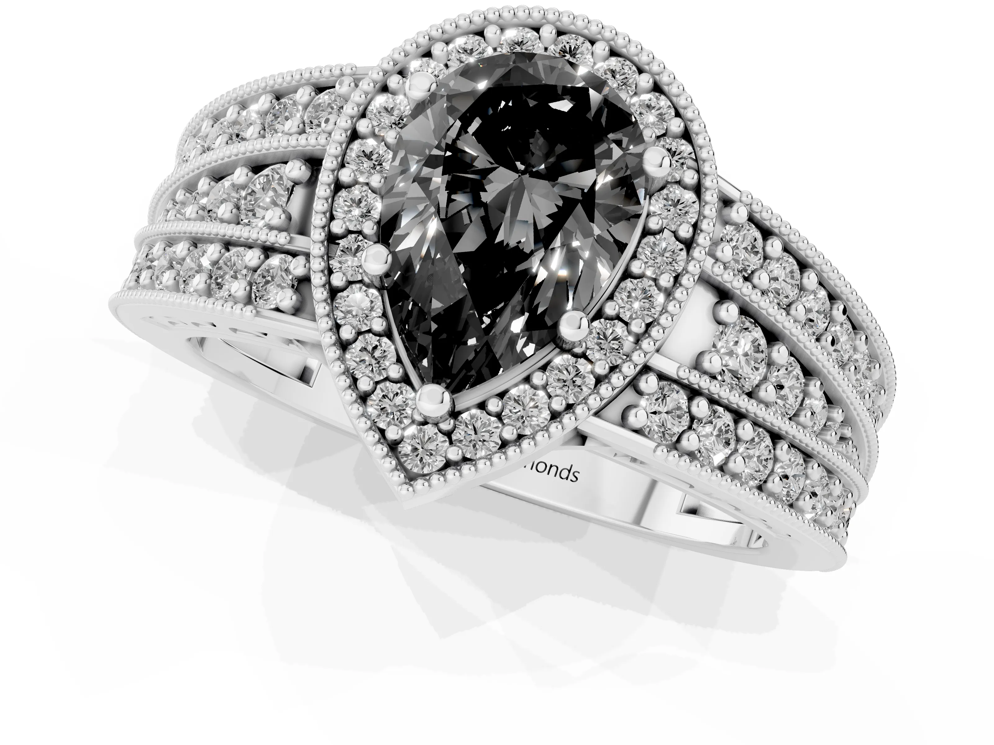 Fancy Black Pear Cut Diamond Halo Ring Set in Platinum with Accent Split Shank and Prong Setting