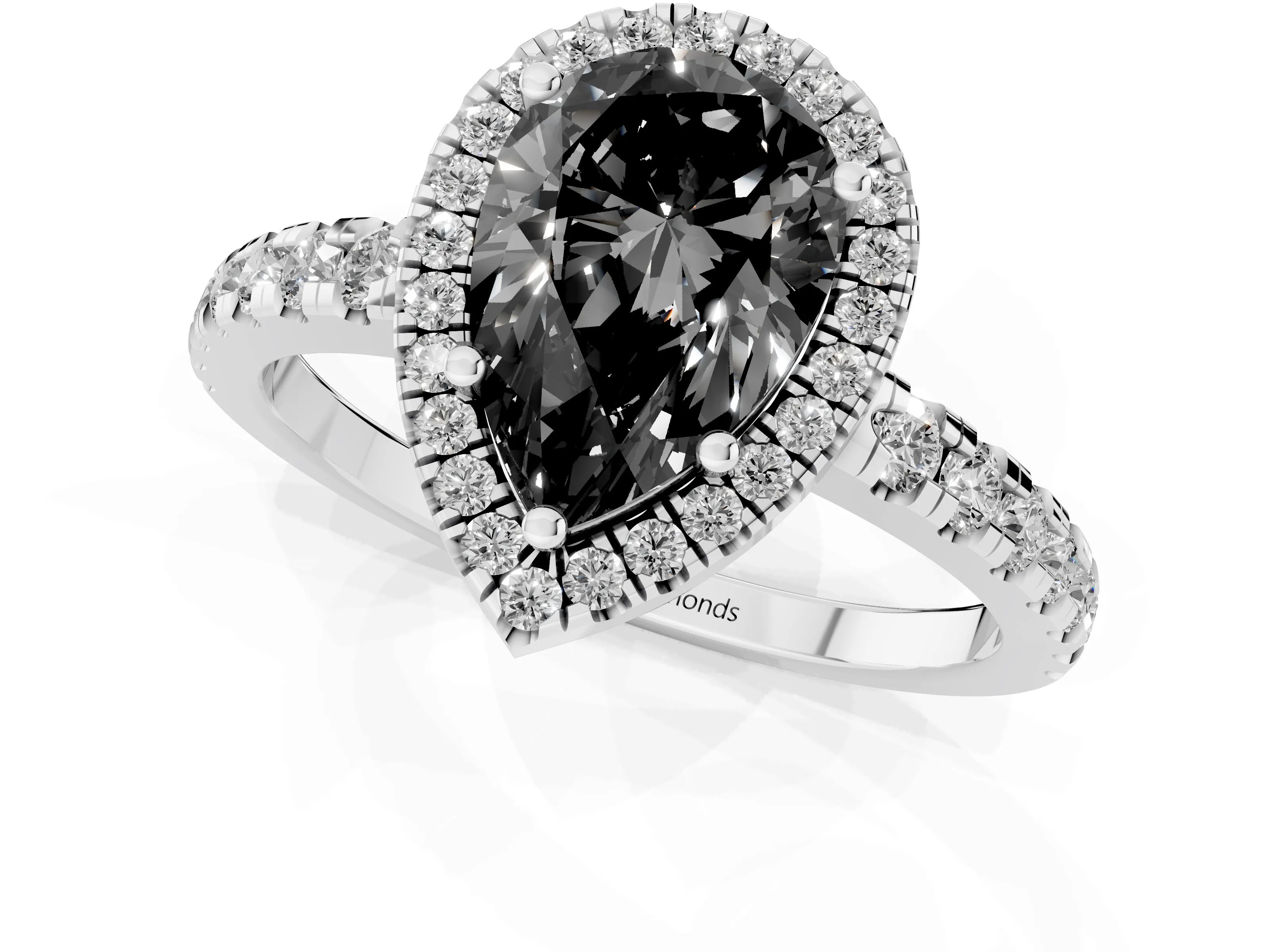 Fancy Black Pear Cut Diamond Halo Ring Set in Silver with Delicate Pavé Band and Prong Setting