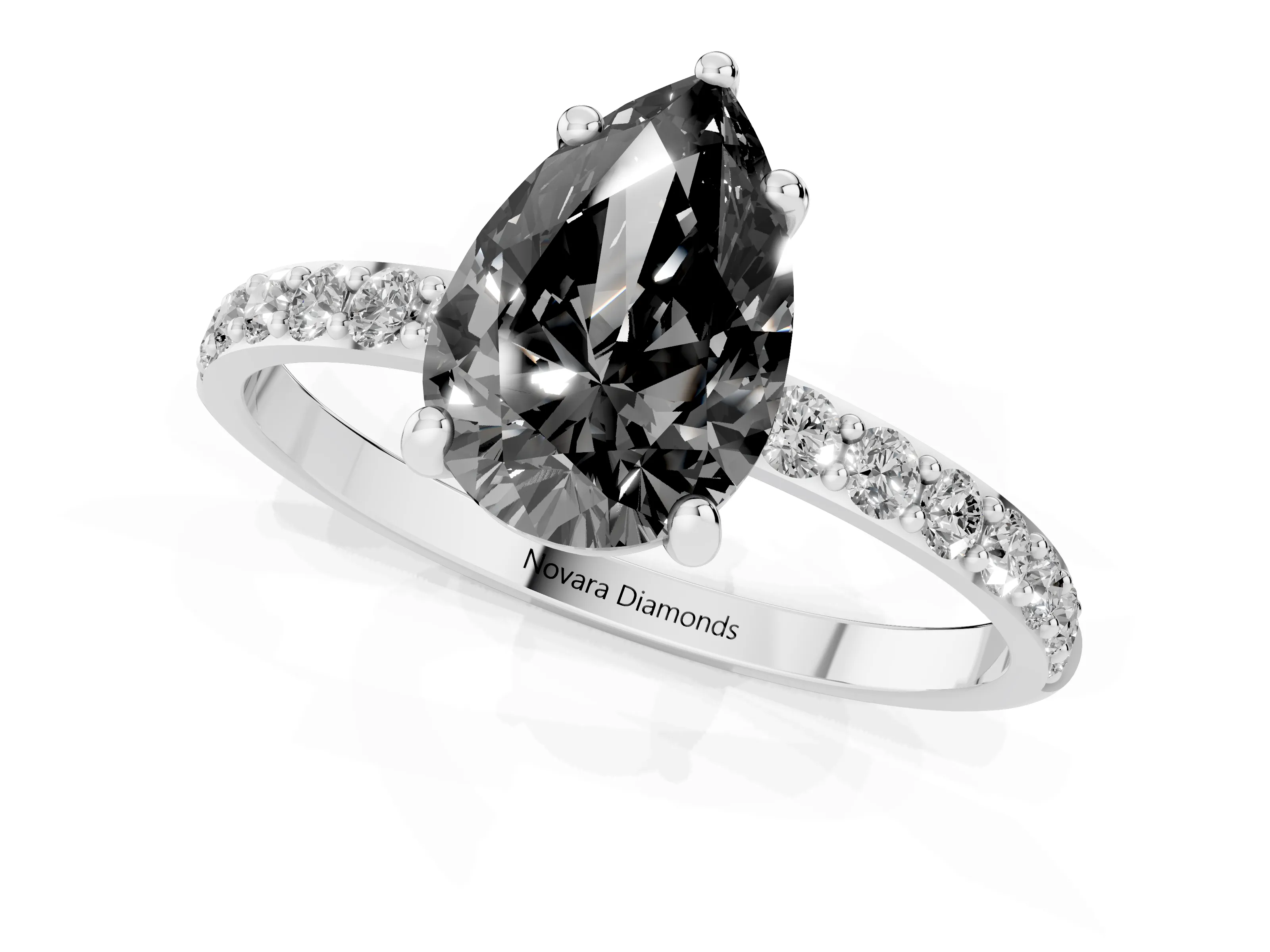 Fancy Black Pear Cut Diamond Solitaire Ring Set in Platinum with Round Pavé Band and Prong Setting