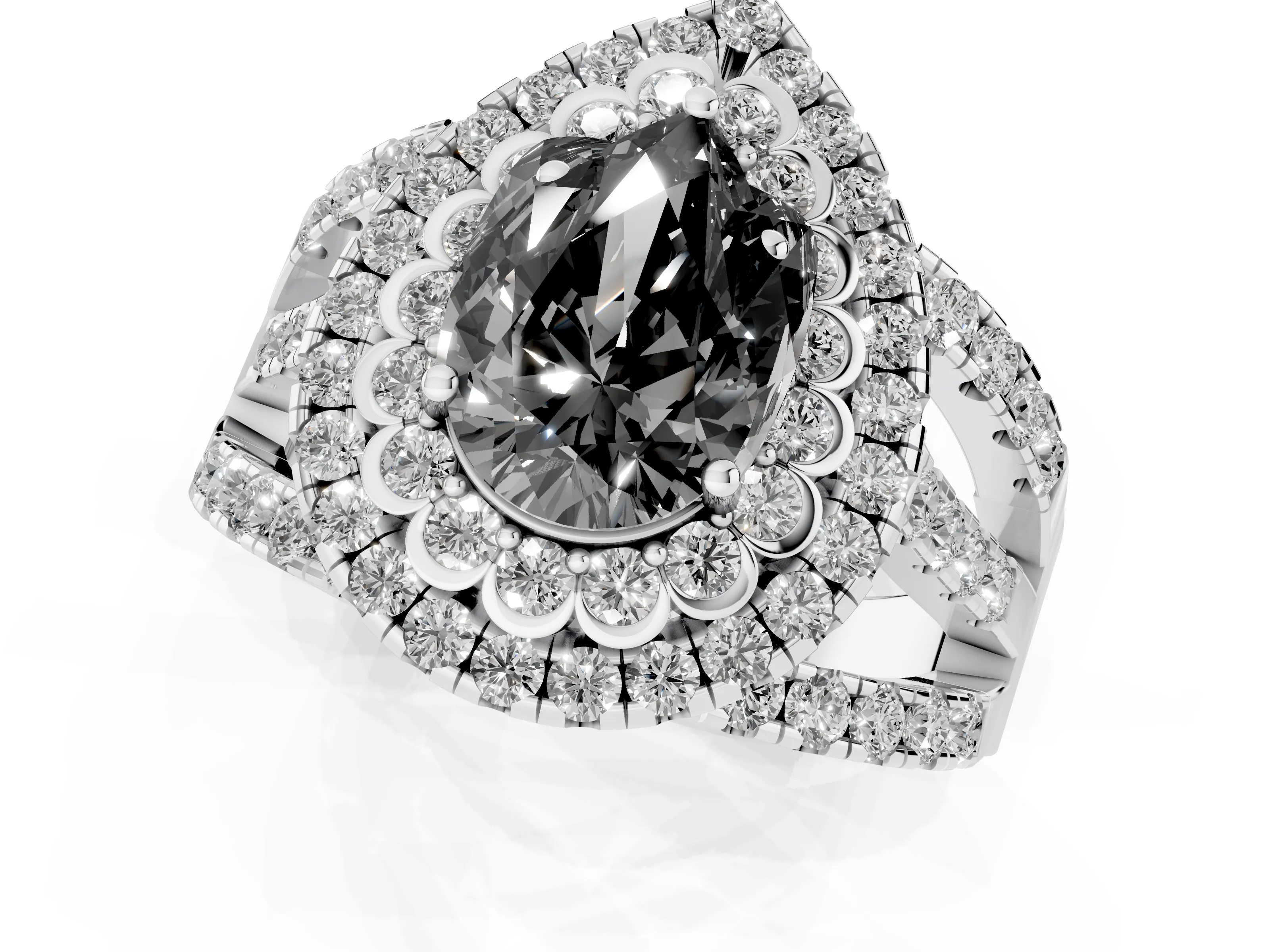 Fancy Black Pear Cut Diamond Double Halo Ring Set in Silver with Round Pavé Split Shank