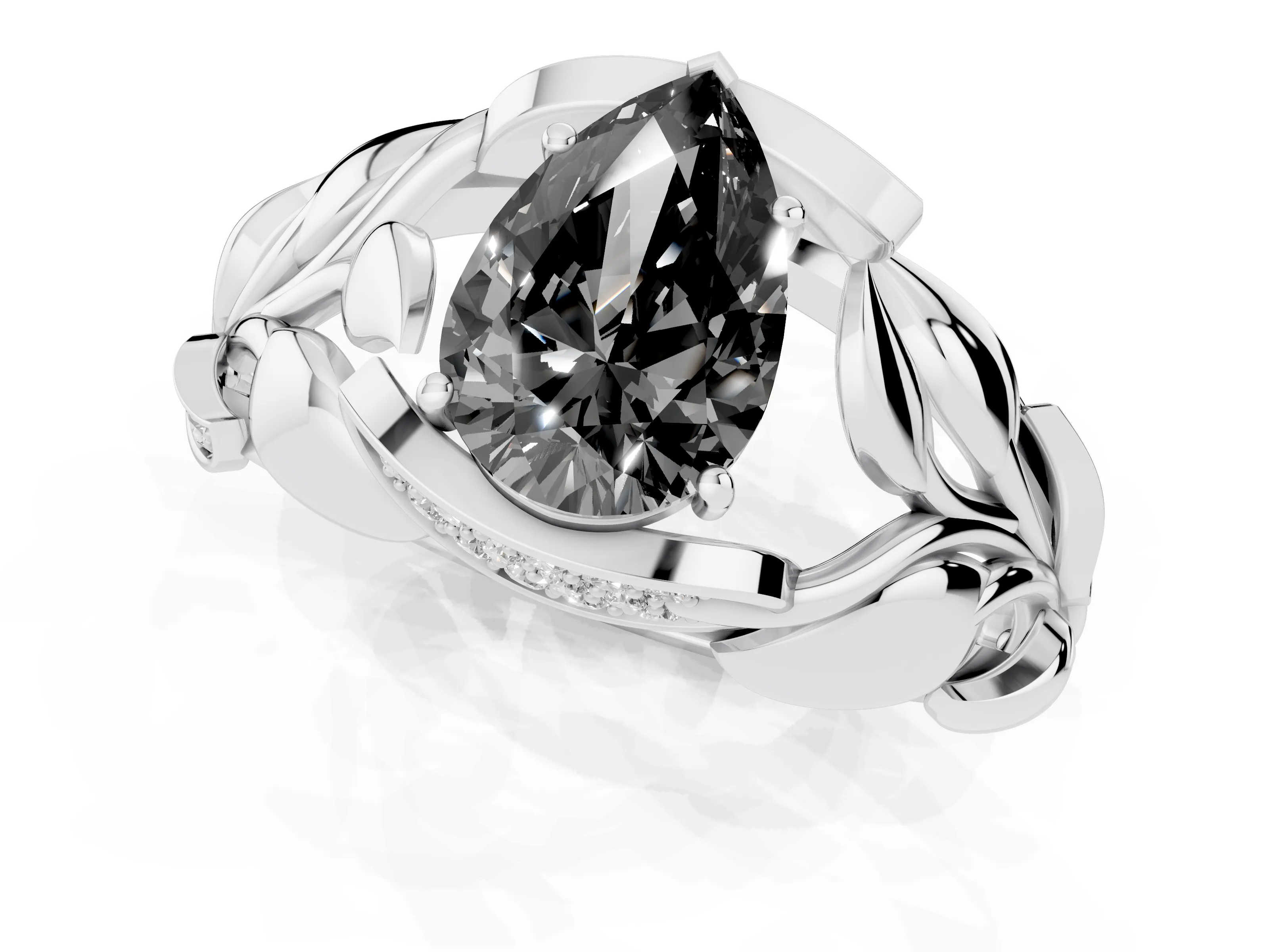 Fancy Black Pear Cut Diamond Leaf-Inspired Engagement Ring Set in Platinum with Round Accents – second view
