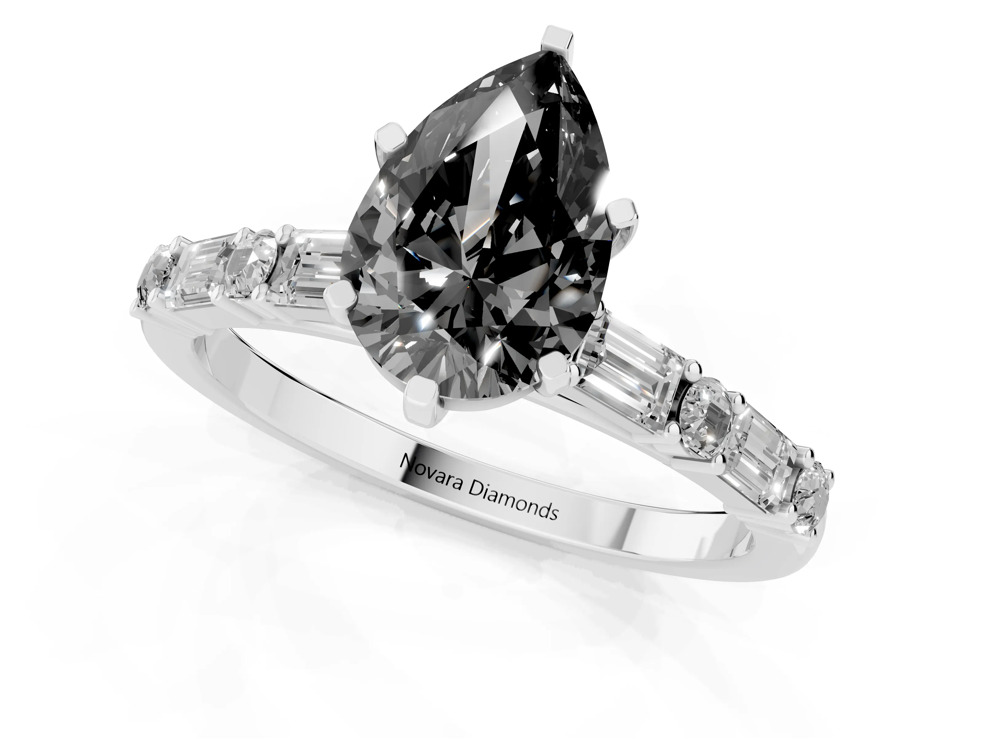 Fancy Black Pear Cut Diamond Solitaire Set in Platinum with Side Baguettes and Channel Set Band