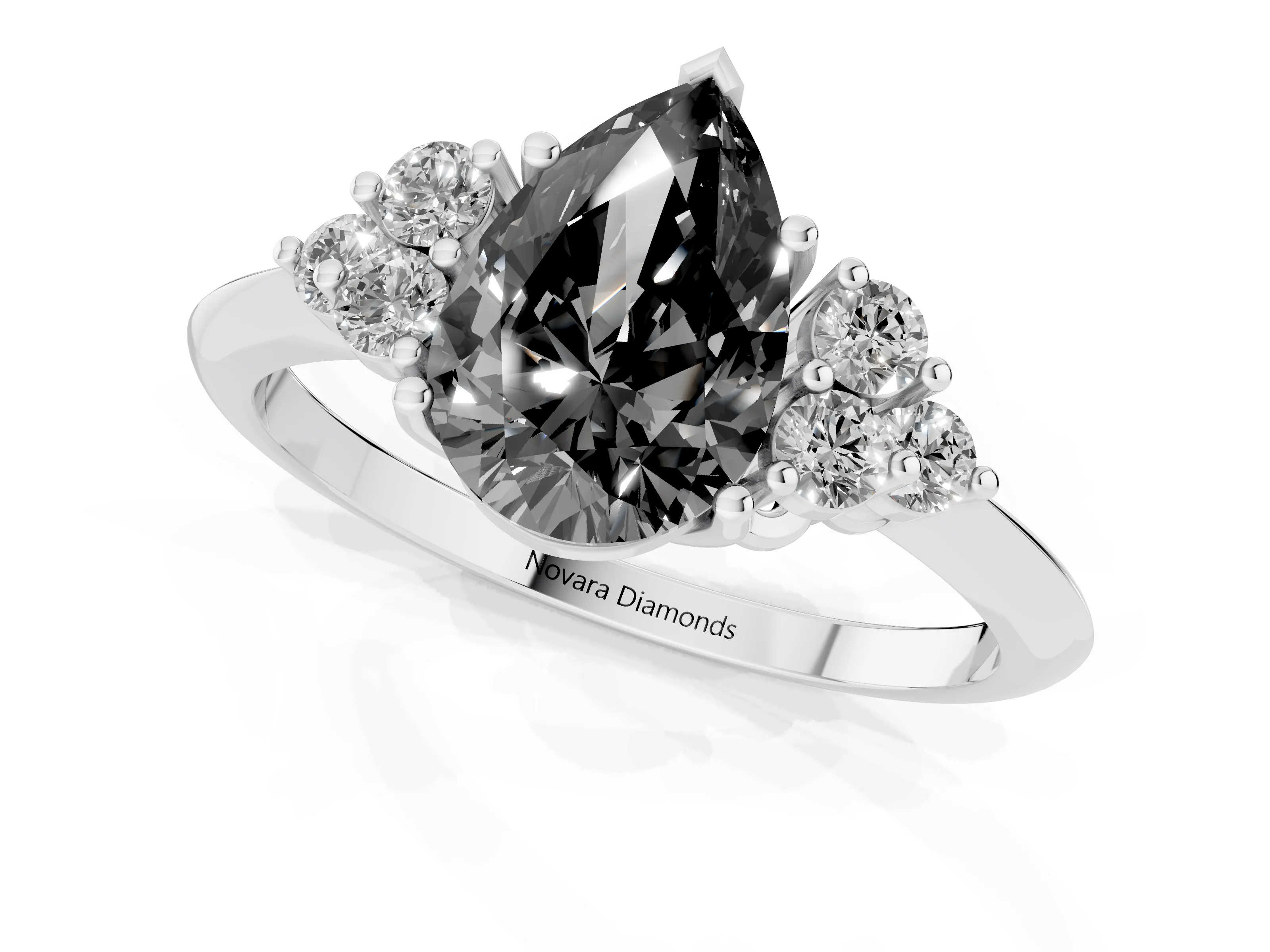 Fancy Black Pear Cut Diamond Cluster Ring Set in White gold with Plain Band and Prong Setting