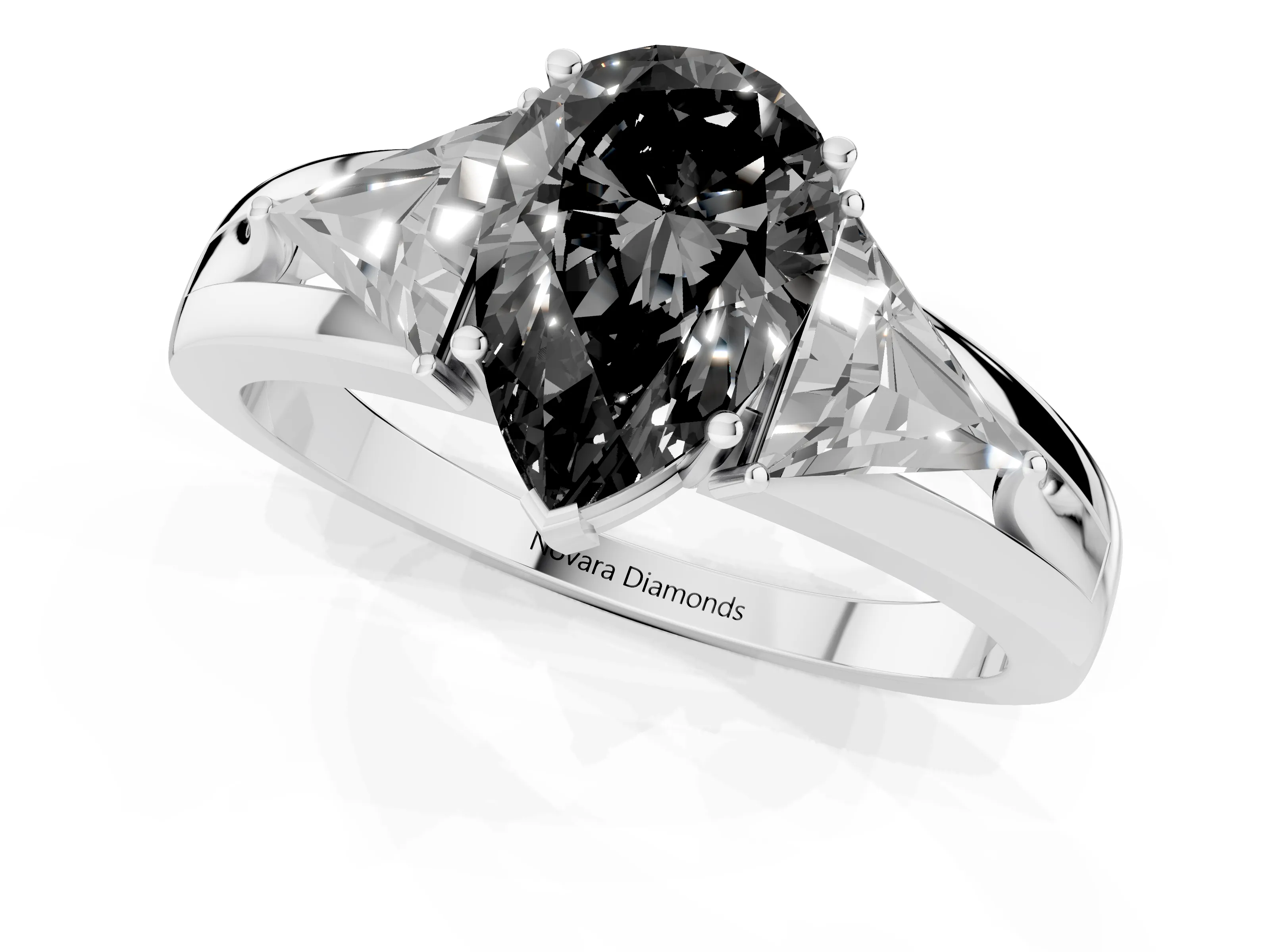 Fancy Black Pear Cut Diamond Three-Stone Ring Set in Silver with Trillion Side Stones and Split Shank