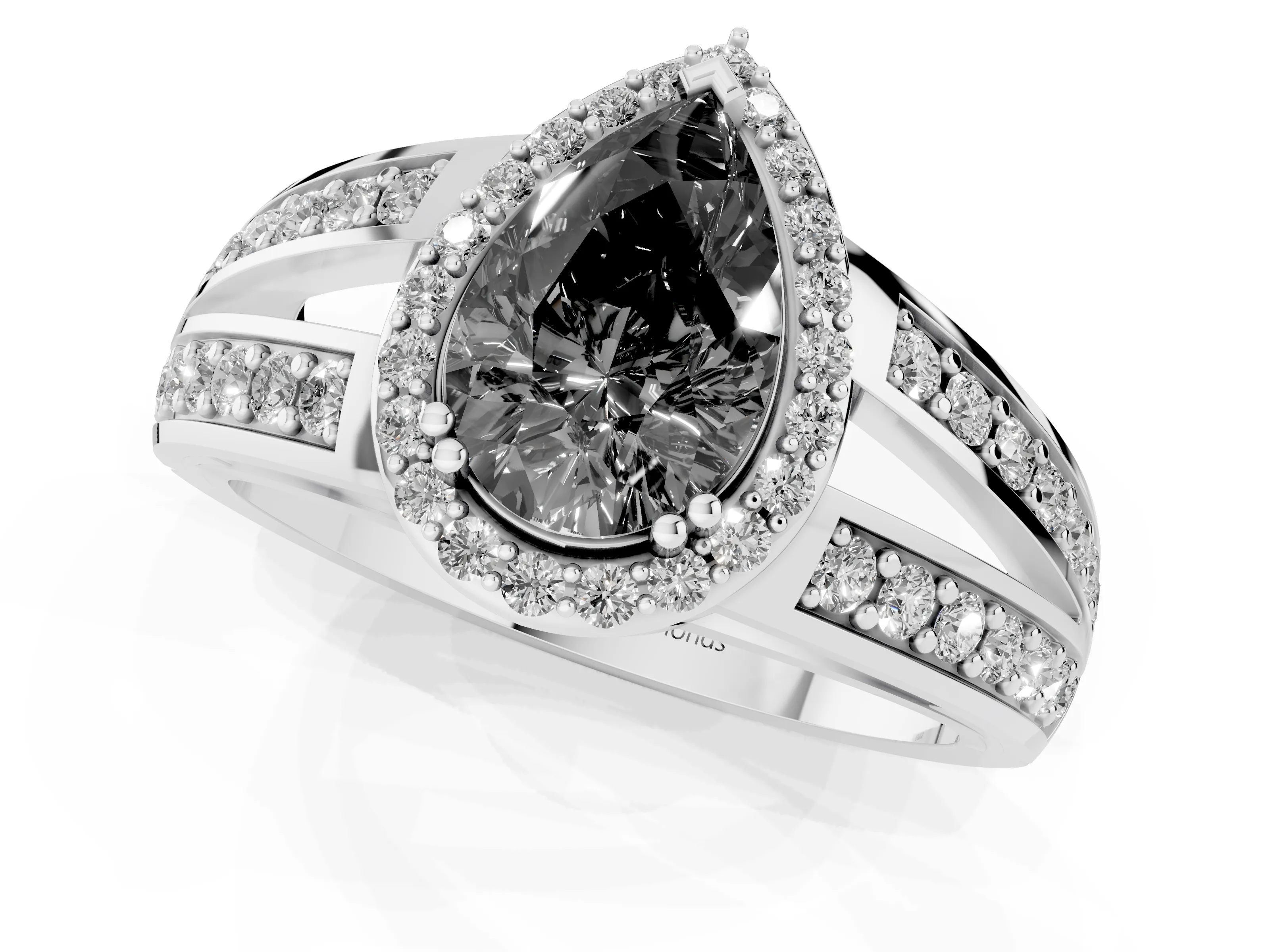 Fancy Black Pear Cut Diamond Halo Ring Set in Silver with Double Pavé Split Shank