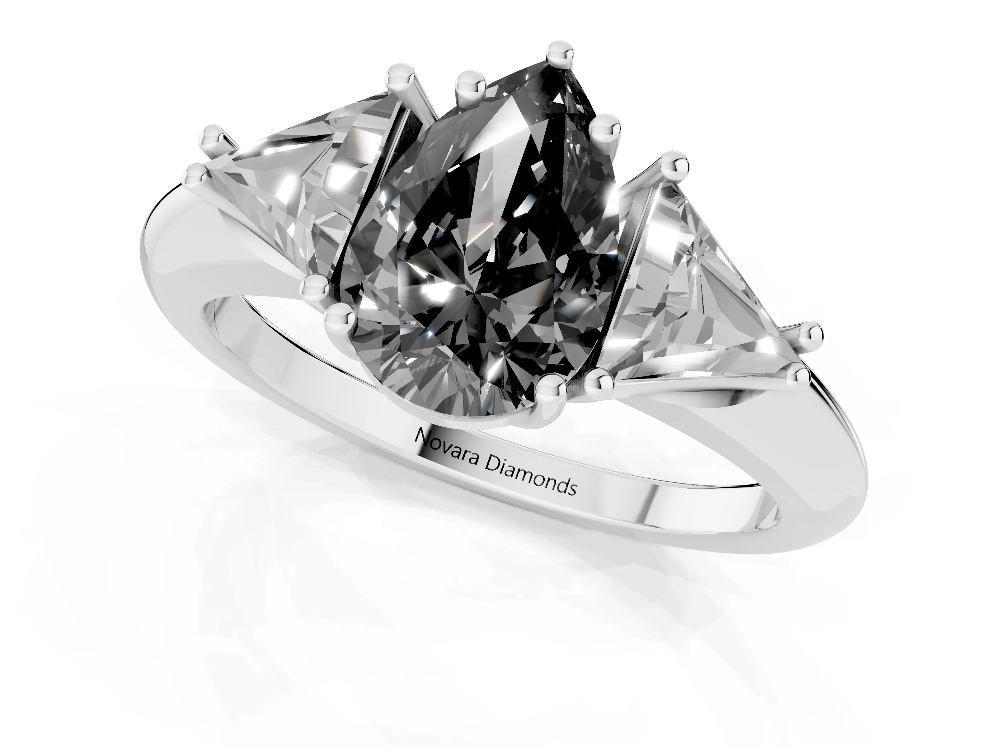 Fancy Black Pear Cut Diamond Three-Stone Engagement Ring Set in Platinum with Trillion Side Stones