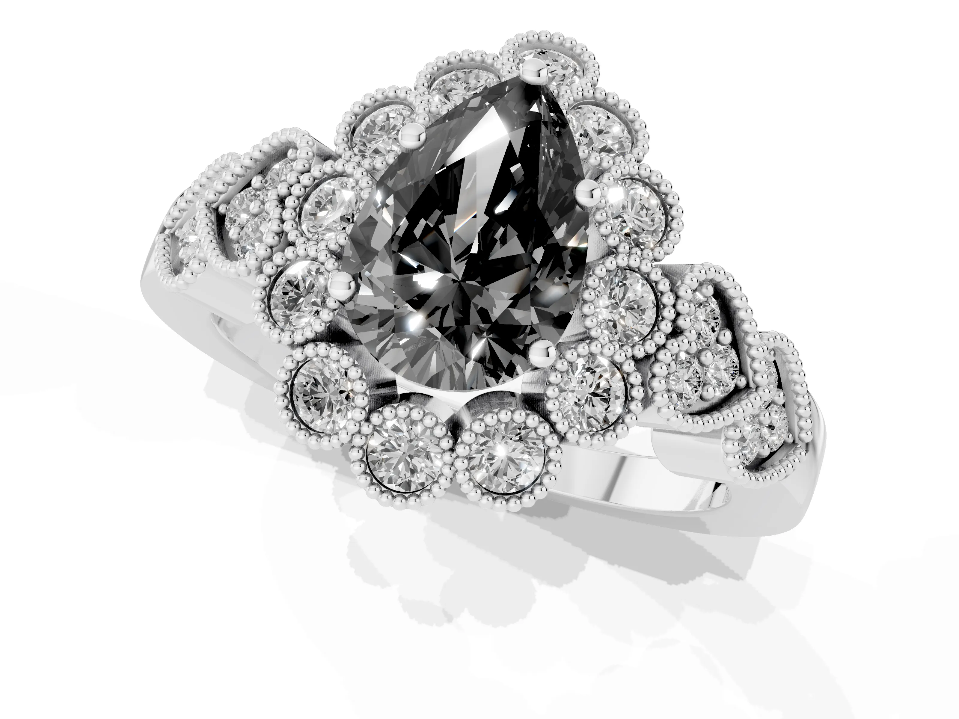 Fancy Black Pear Cut Diamond Solitaire Ring Set in Platinum with Milgrain Pavé Heart Band
