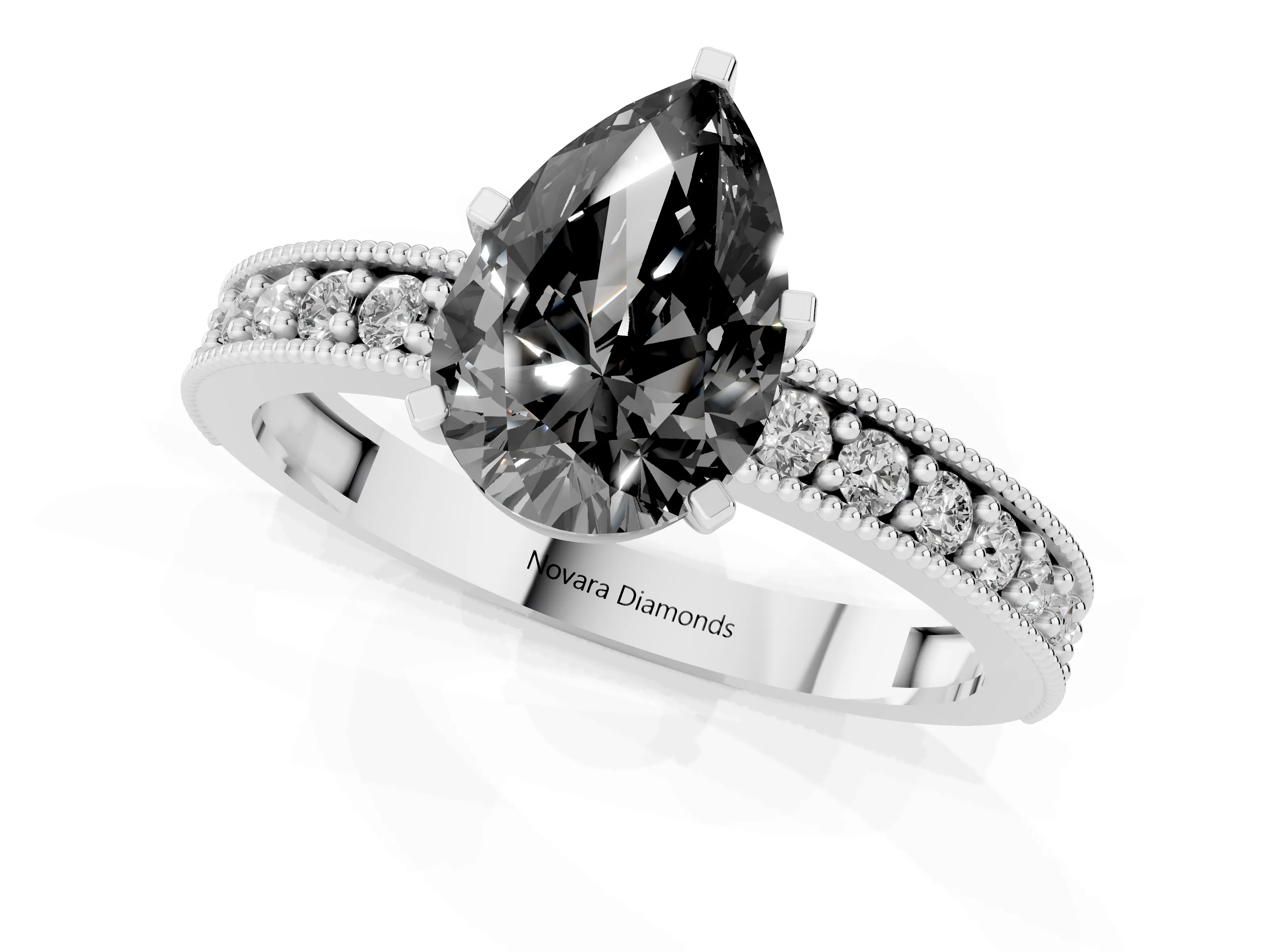 Fancy Black Pear Cut Diamond Milgrain Pavé Engagement Ring Set in White gold with Prong Setting