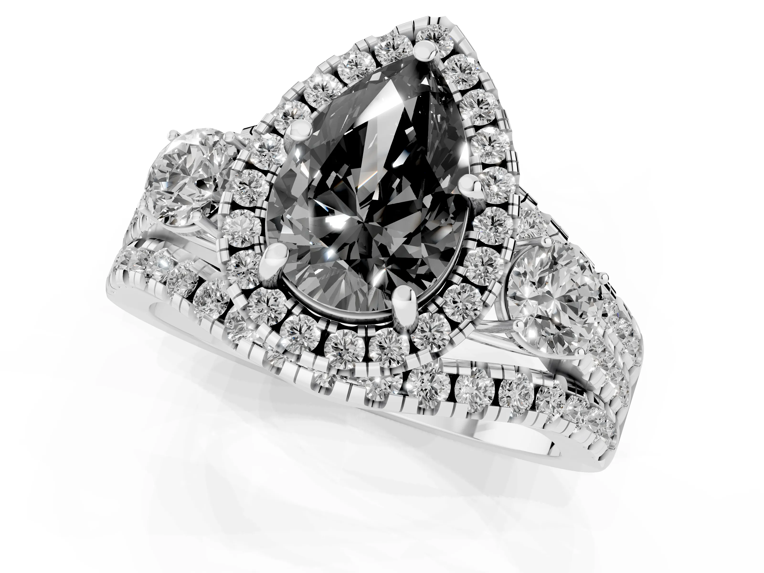 Fancy Black Pear Cut Diamond Halo Split Shank Ring Set in Silver with Round Accent Stones and Prong Setting
