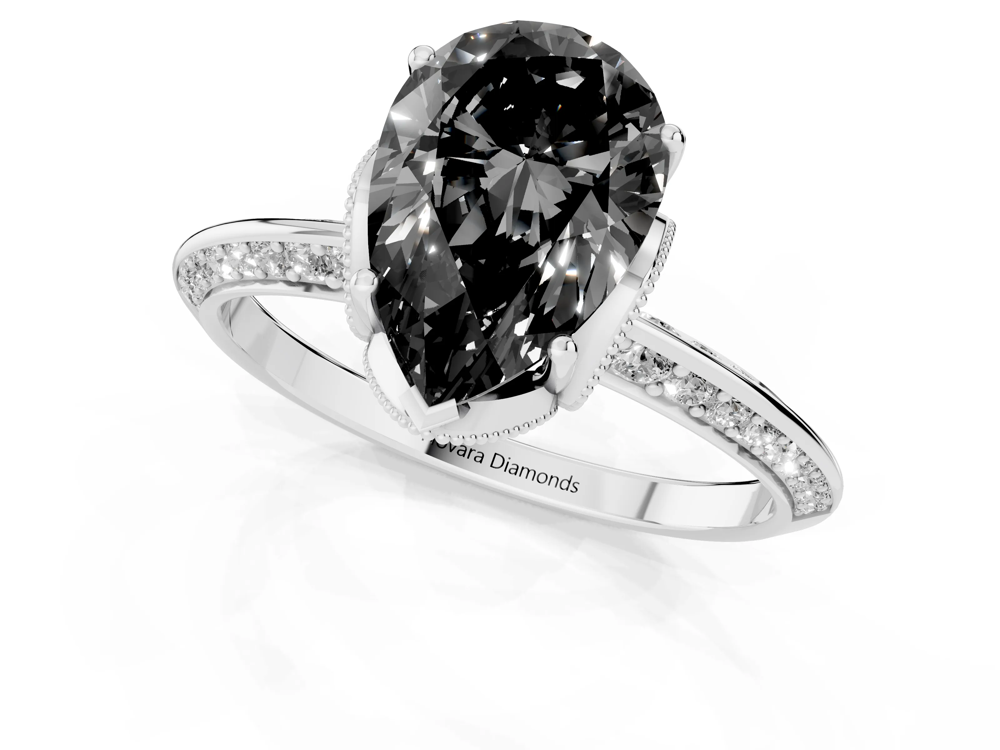 Fancy Black Pear Cut Diamond Solitaire Engagement Ring Set in Silver with Pavé Split Shank and Prong Setting