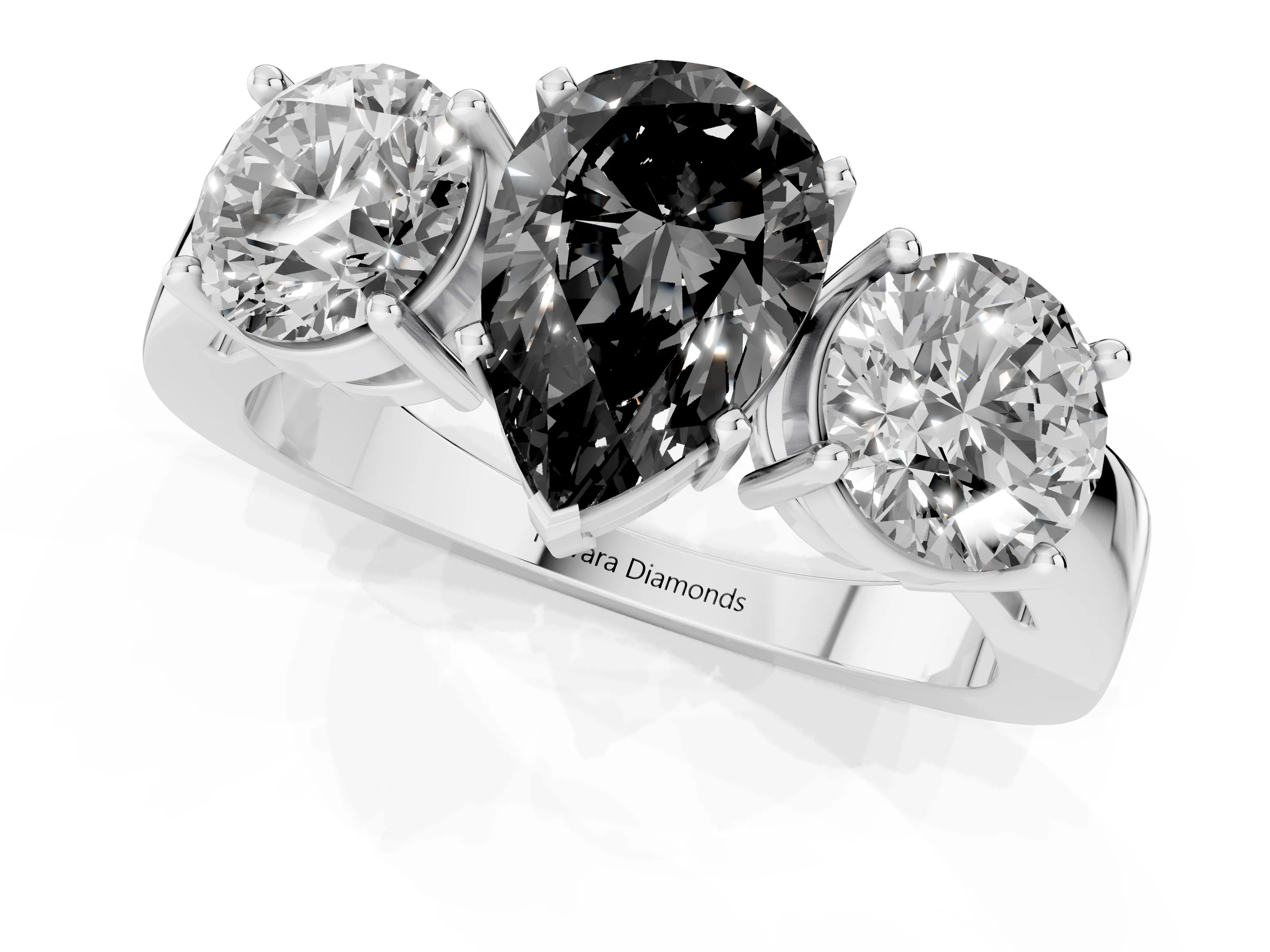 Fancy Black Pear Cut Diamond Three-Stone Ring Set in Platinum with Round Side Stones and Classic Band