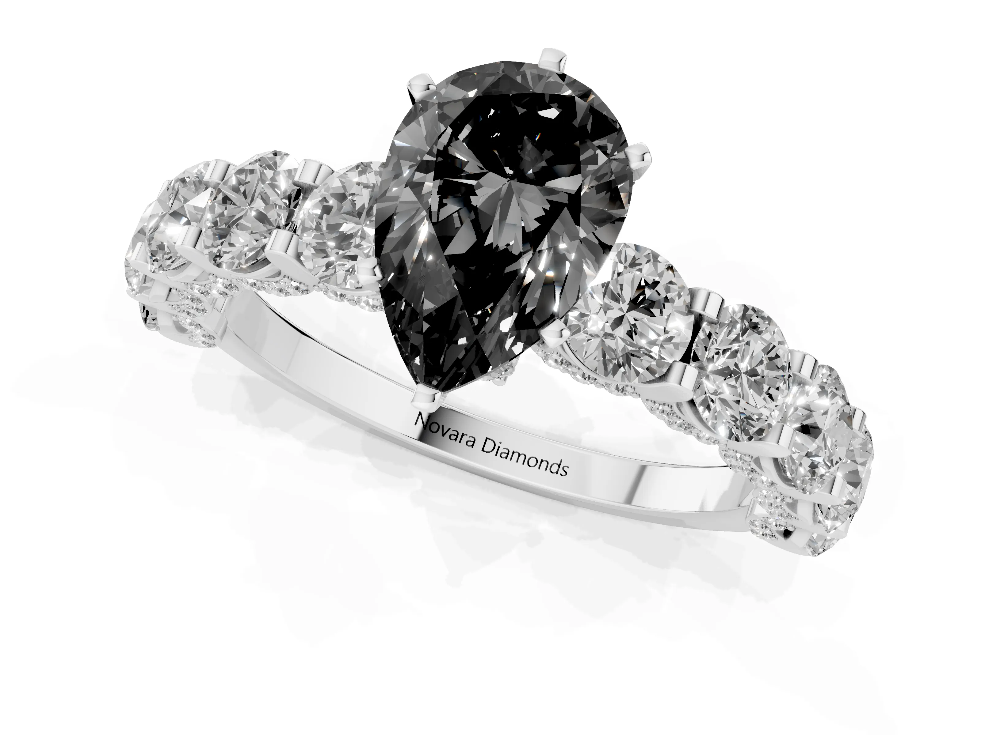 Fancy Black Pear Cut Diamond Side Stone Ring Set in White gold with Alternating Round and Oval Side Stones