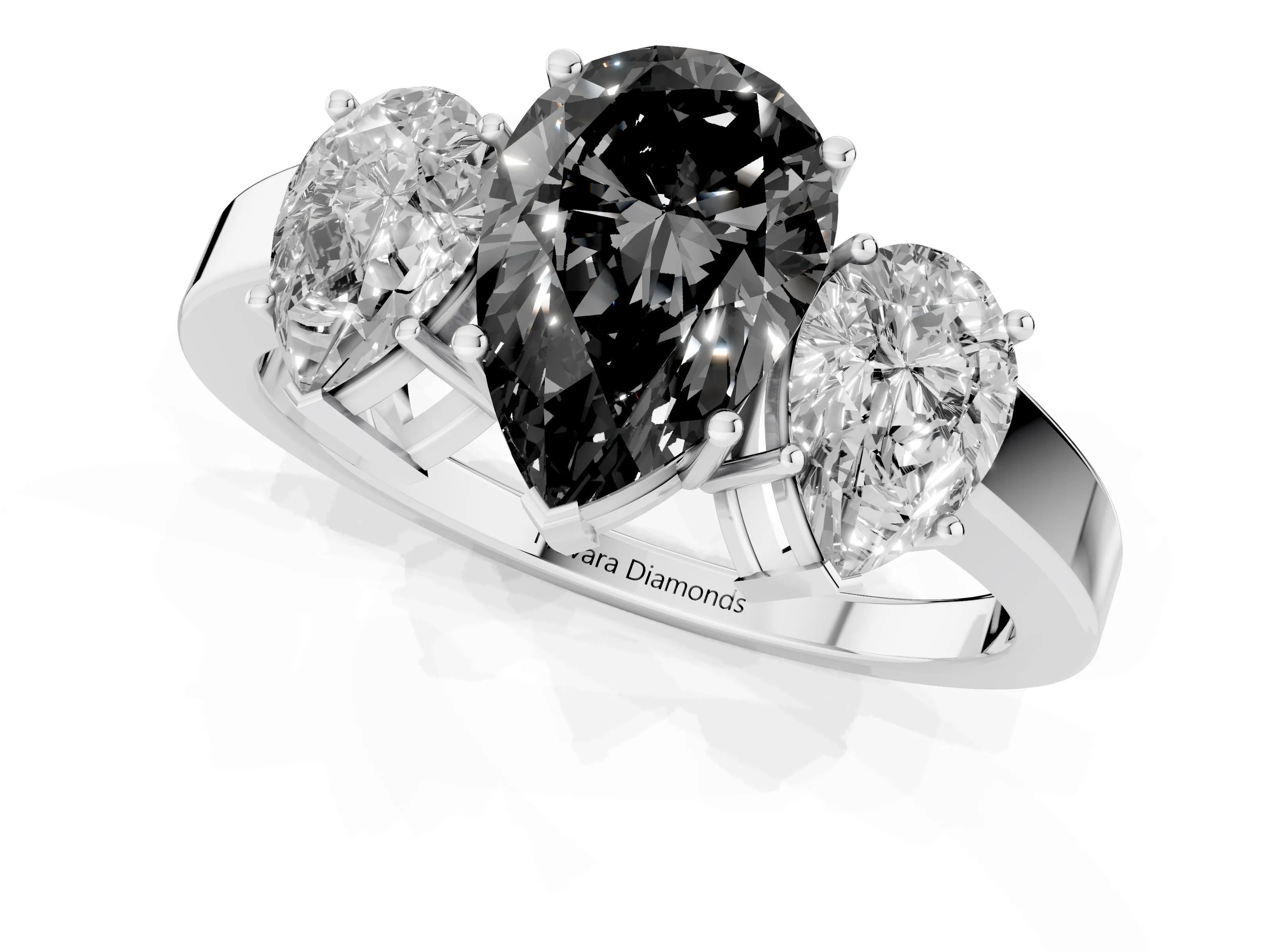 Fancy Black Pear Cut Diamond Three-Stone Engagement Ring Set in Platinum with Flat Band