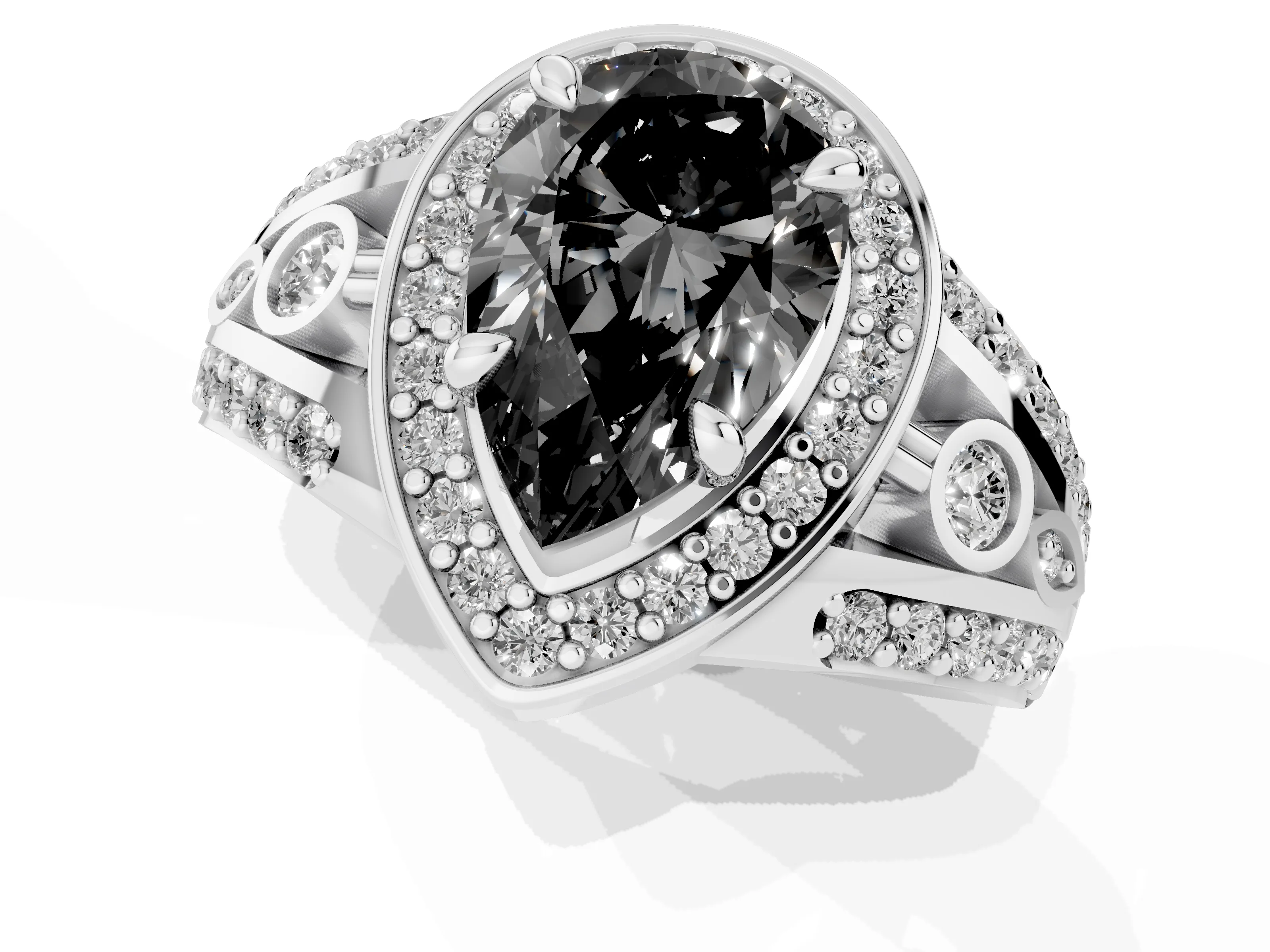 Fancy Black Pear Cut Diamond Halo Ring Set in White gold with Pavé Split Shank and Bezel Accents