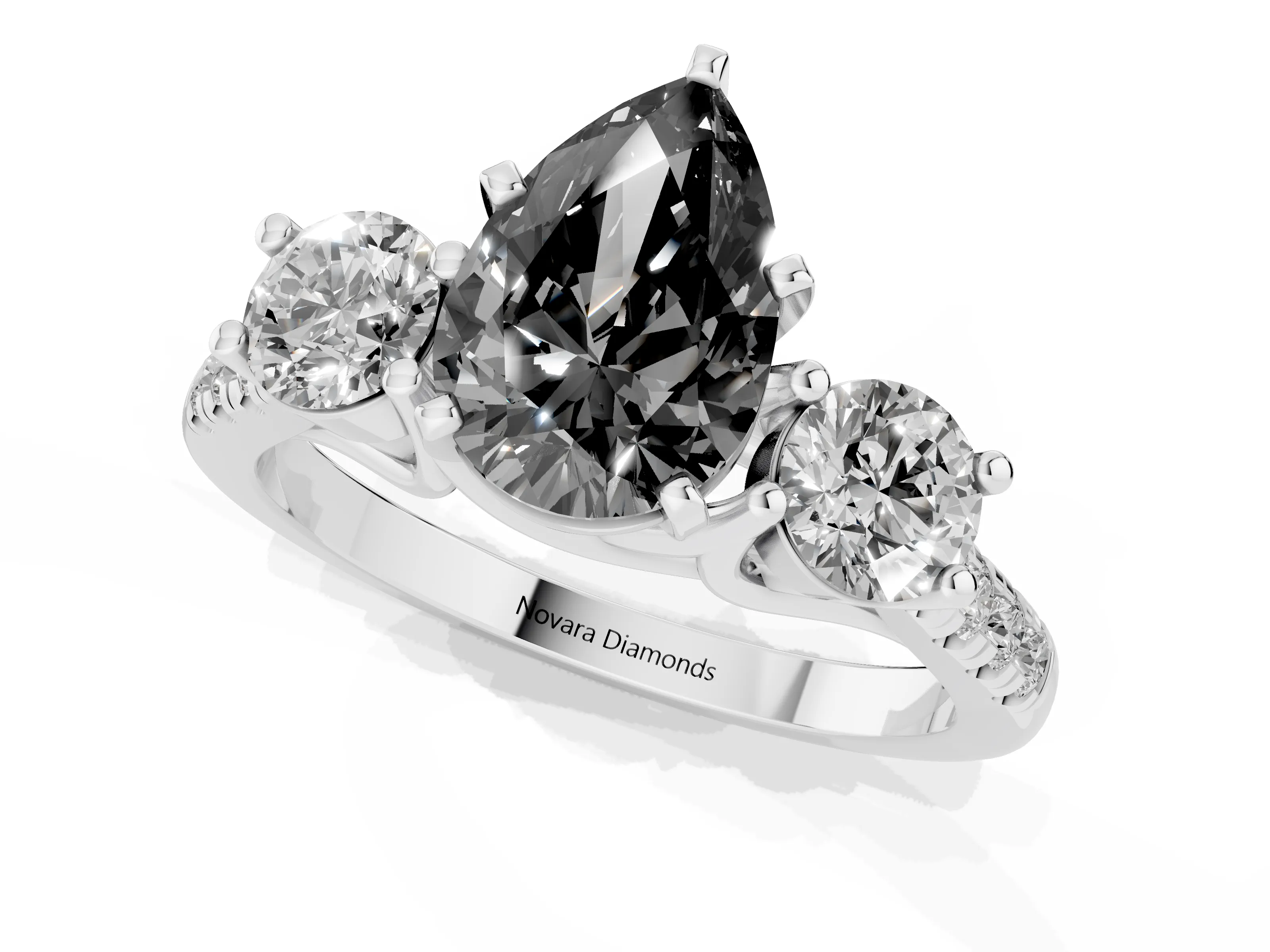 Fancy Black Three-Stone Pear Cut Diamond Pavé Band Ring Set in White gold with Prong-Set Trio
